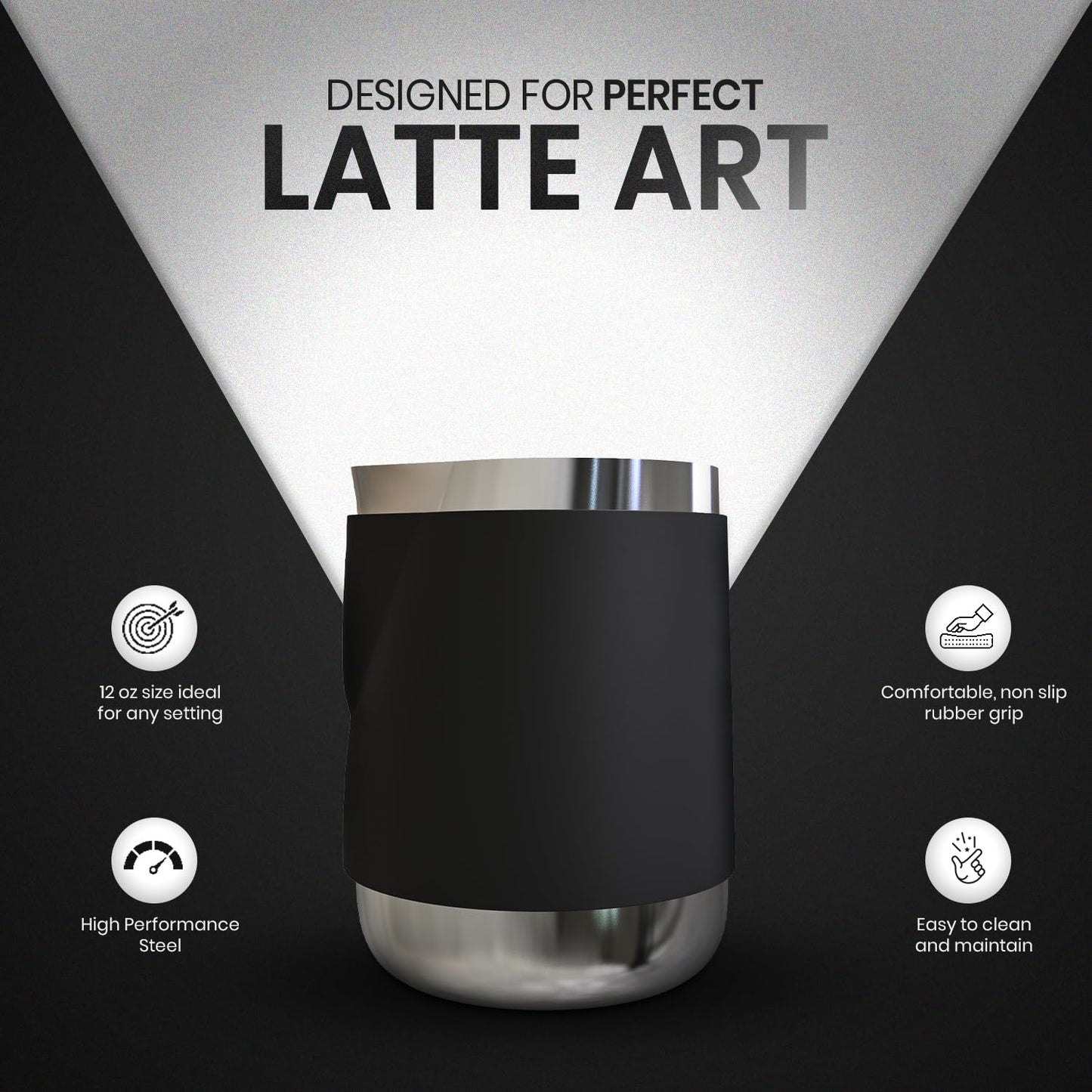 Rattleware 12 Oz Handle Free Latte Art Pitcher Stainless Steel with Rubber Grip Durable Heat Resistant Milk Frothing Pitcher for Baristas Home Cafes