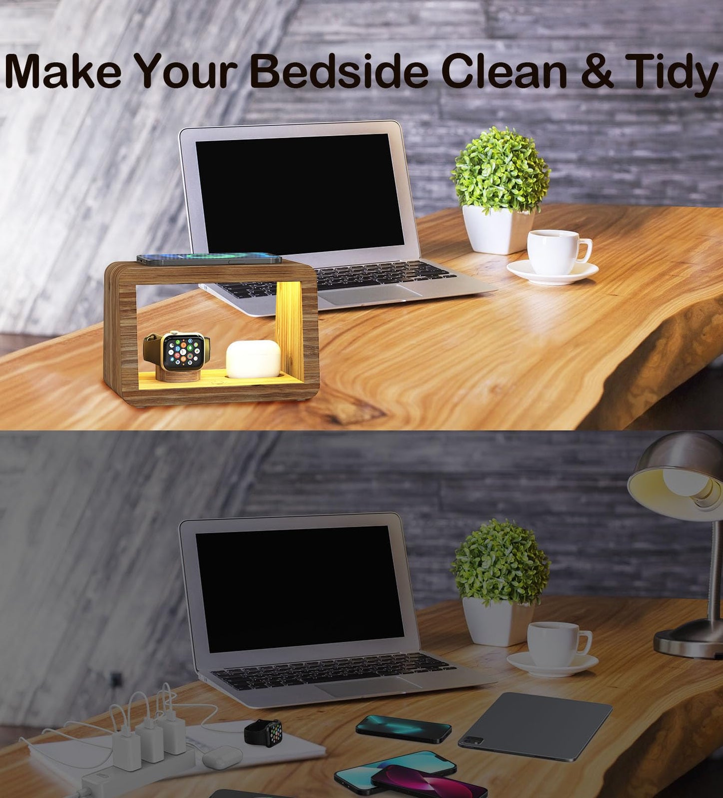 Bamboo Charging Station for Multiple Devices, 15W Fast Wireless Charger Night Light with 3 Color& 4 Adjustable Brightness, Night Stand Charger Station