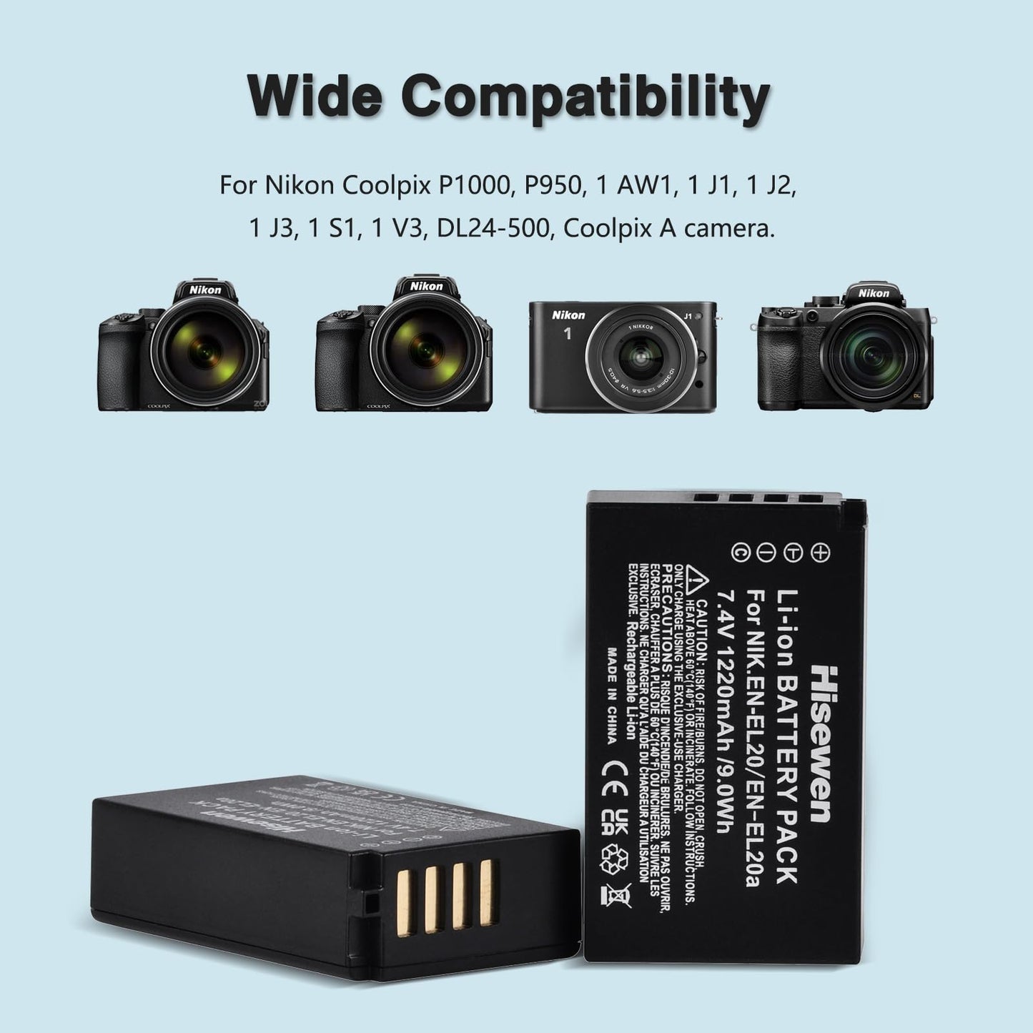 Hisewen EN-EL20 EN-EL20a Battery and Dual Charger for Nikon Coolpix P950, P1000, DL24-500, Coolpix A, 1 AW1, 1 J1, 1 J2, 1 J3, 1 S1, 1 V3 Digital