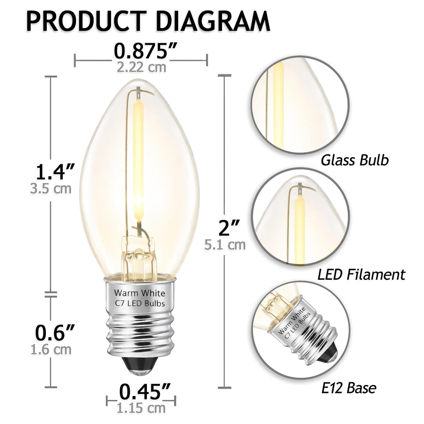 Mandala Crafts E12 C7 LED Night Light Bulbs, 7W Warm White Candelabra
