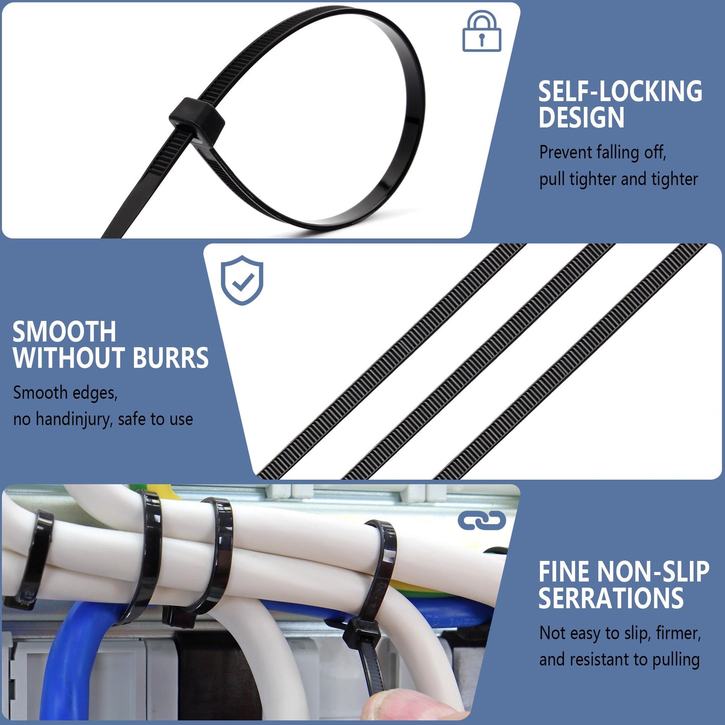 Fomuson 200pcs Zip Ties 8 Inch Black, Heavy Duty Zip Tie, 50lb Strength Cable Ties, Industrial Nylon Wire Tie Wraps for Garage and Workshop.