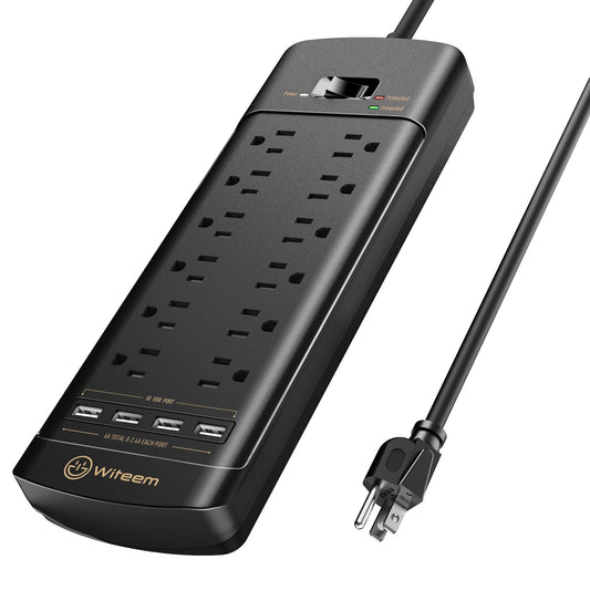 Witeem Surge Protector Power Strip - 12 Outlets,4 USB 6A Ports, 6Ft Extension Cord, 1875W/15A, 4360Joules, Overload Protection - Ideal for Home
