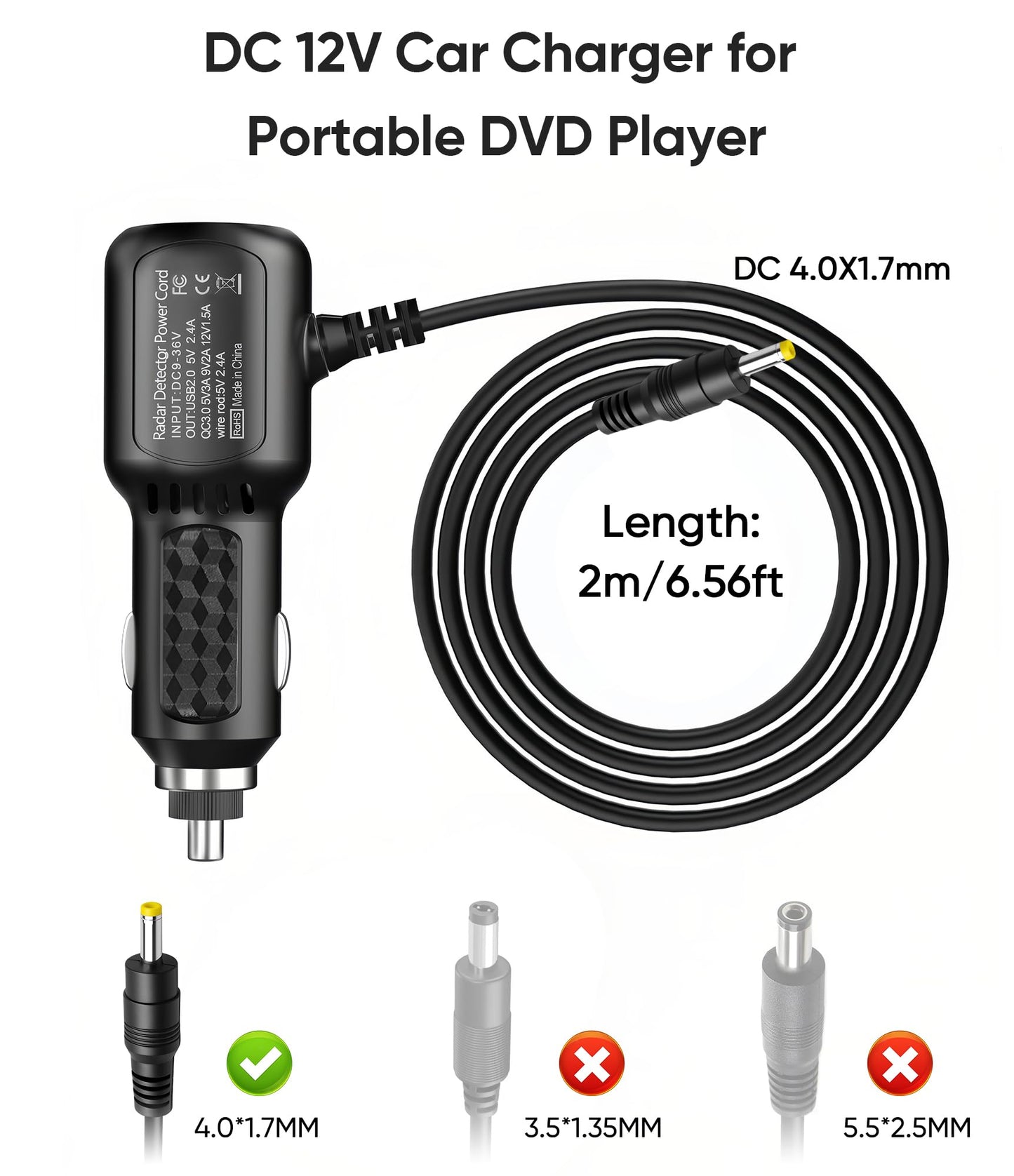 DC 12V Car Charger for Portable DVD Player,Replacement Car Cigarette Lighter Adapter Power Cord for Sylvania/DBPOWER/UEME/HDJUNTUNKOR/DRJ,Dual Port