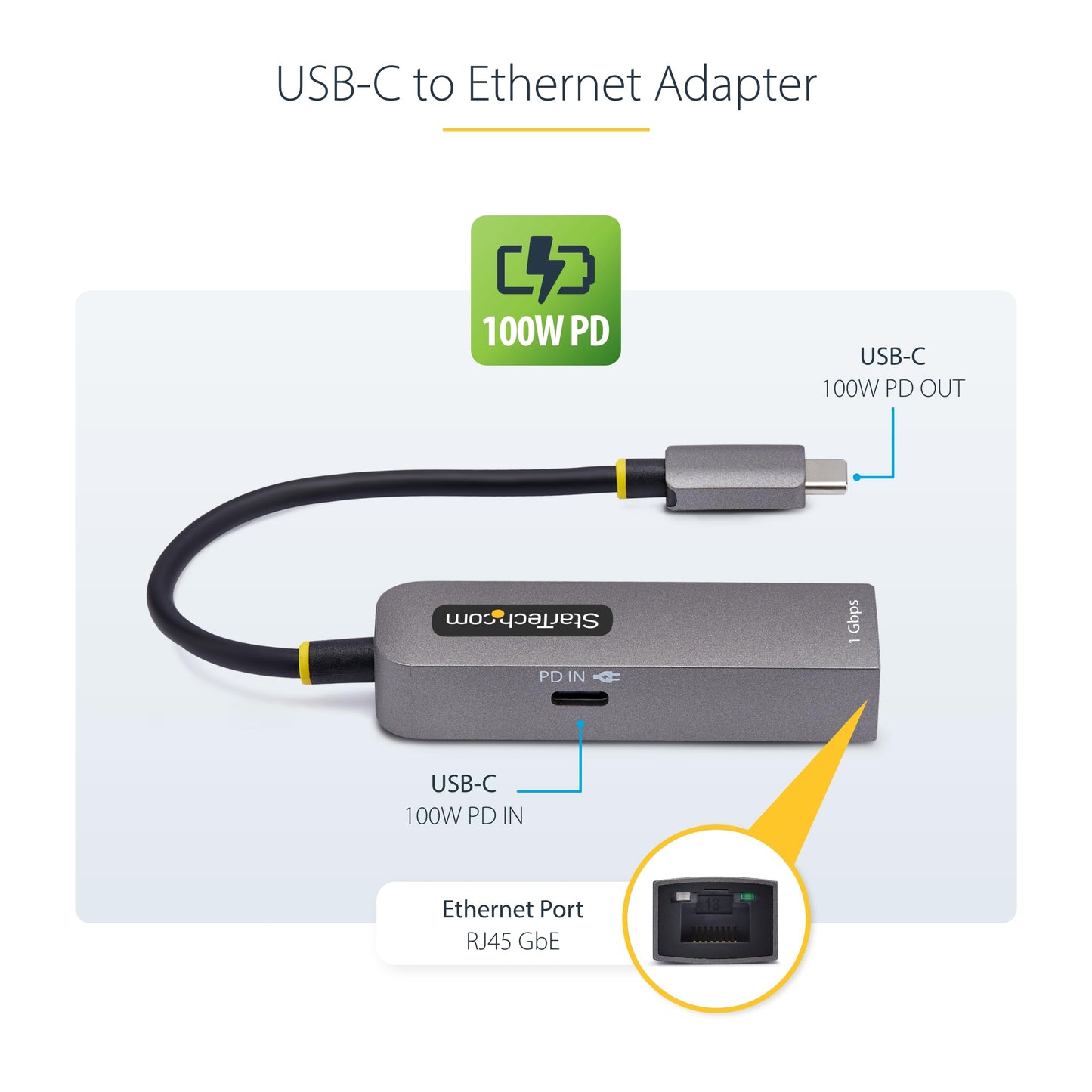 StarTech.com USB-C to Ethernet Adapter, 100W PD Pass-Through, NIC, USB 3.0 Type-C 1Gbps Multi Speed Network, Windows & Mac