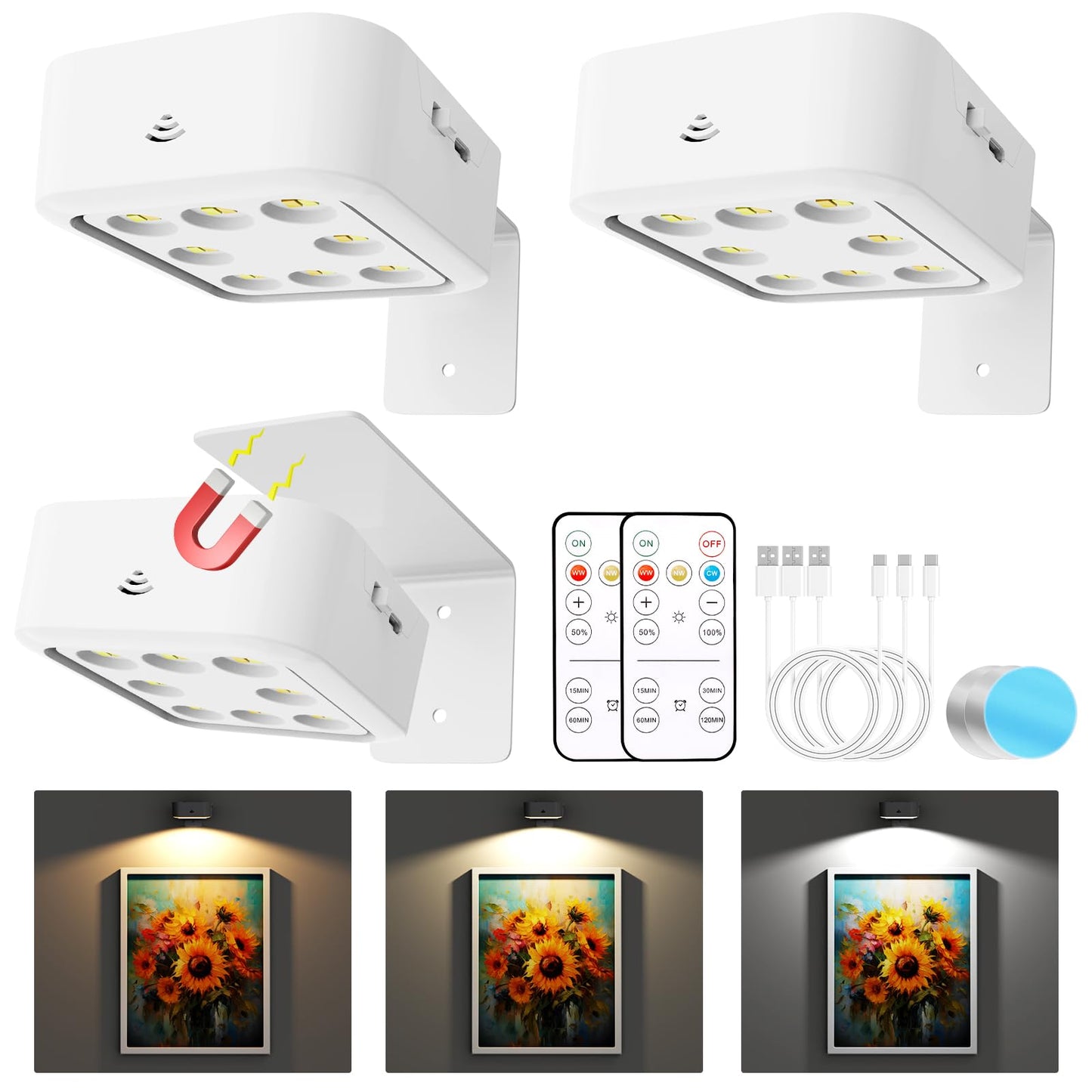 3 Pack Picture Lights for Wall, Rechargeable Battery Operated Wall Lights, Picture Frame Lights with 3 Lighting Modes, Wireless Magnetic Painting