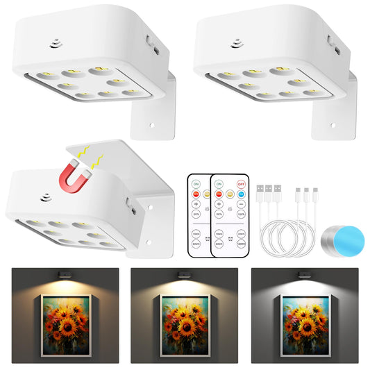 3 Pack Picture Lights for Wall, Rechargeable Battery Operated Wall Lights, Picture Frame Lights with 3 Lighting Modes, Wireless Magnetic Painting