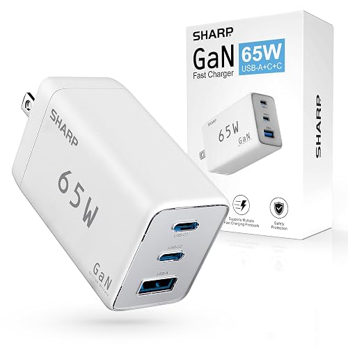 Sharp USB C Charger, 65W, 3 Port (USB 1A+2C), Compact Foldable GaN Fast Charge for MacBook Pro/Air, iPad Pro, Galaxy S23, Dell XPS 13, Note 20/10+