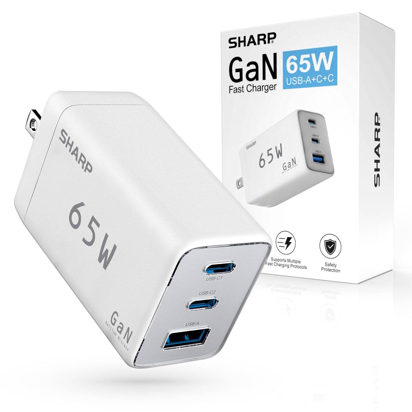 Sharp USB C Charger, 65W, 3 Port (USB 1A+2C), Compact Foldable GaN Fast Charge for MacBook Pro/Air, iPad Pro, Galaxy S23, Dell XPS 13, Note 20/10+