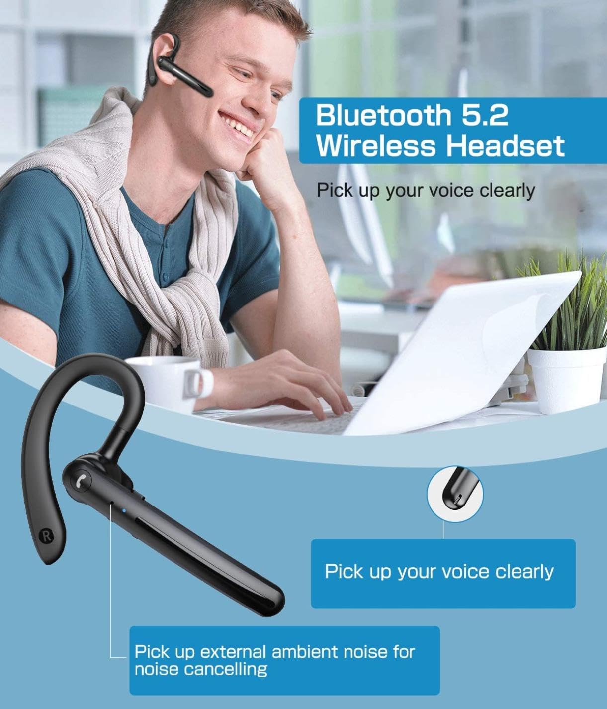 Wireless Earphone Ear-Hook Headphone Boom Mic Compatible with Samsung Galaxy S24/S23/S22/S21/Plus/Ultra, Z Flip/Z Fold 4 5 6, A14/A15/A25/A35/A54