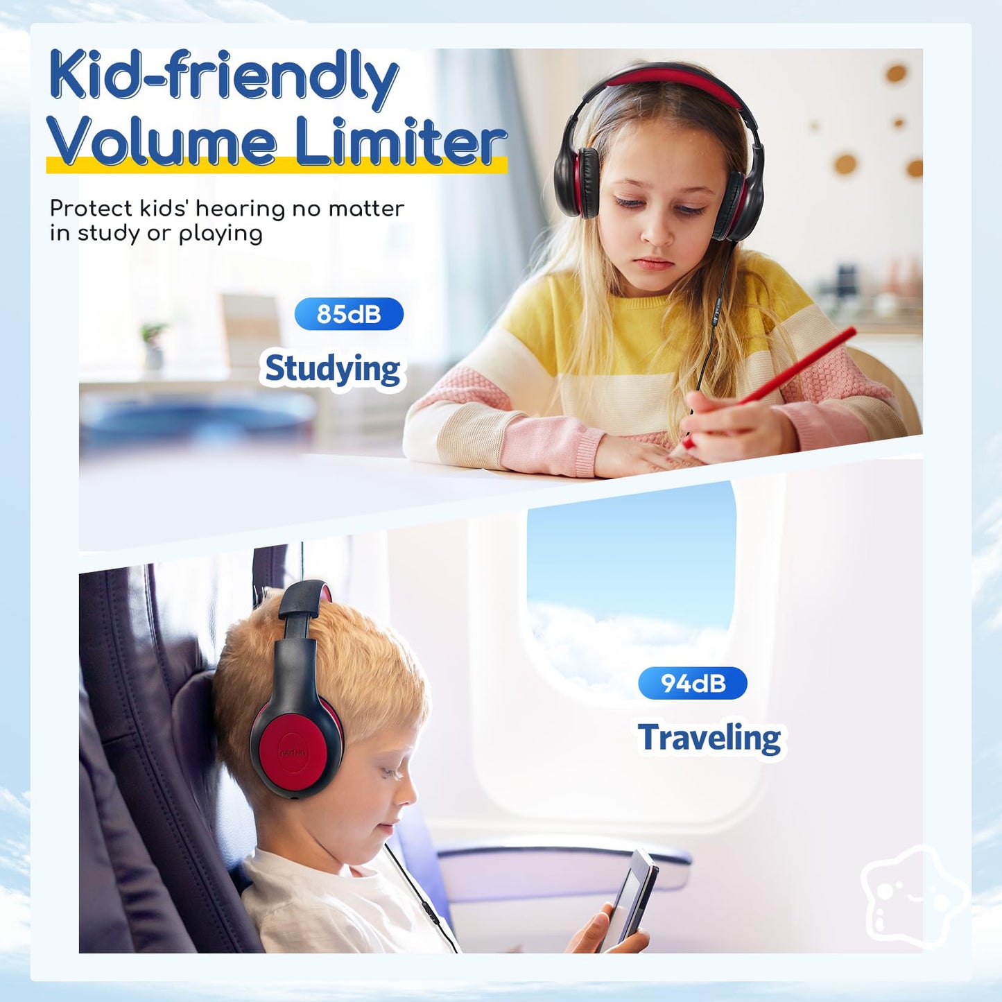 EarFun K1 Kids Headphones Wired with Microphone, 85/94dB Volume Limit Headphones for Kids, Portable Wired Headphone with Shareport, Stereo Sound