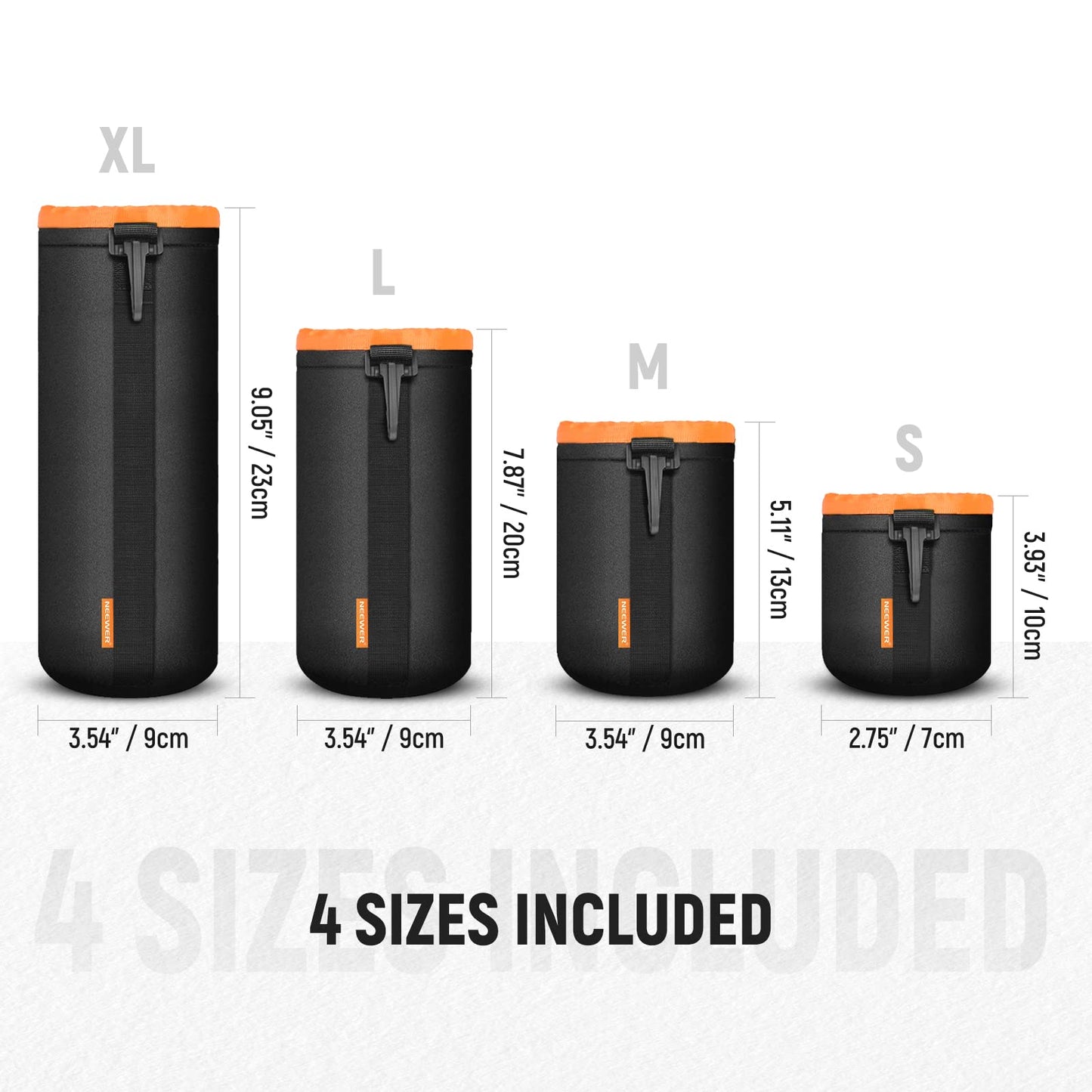 NEEWER Camera Lens Pouch (4 Packs, 4 Sizes) Thick Protective Bag with Drawstring Design, Orange Interior, Soft Plush Neoprene Bag for Sony, Canon