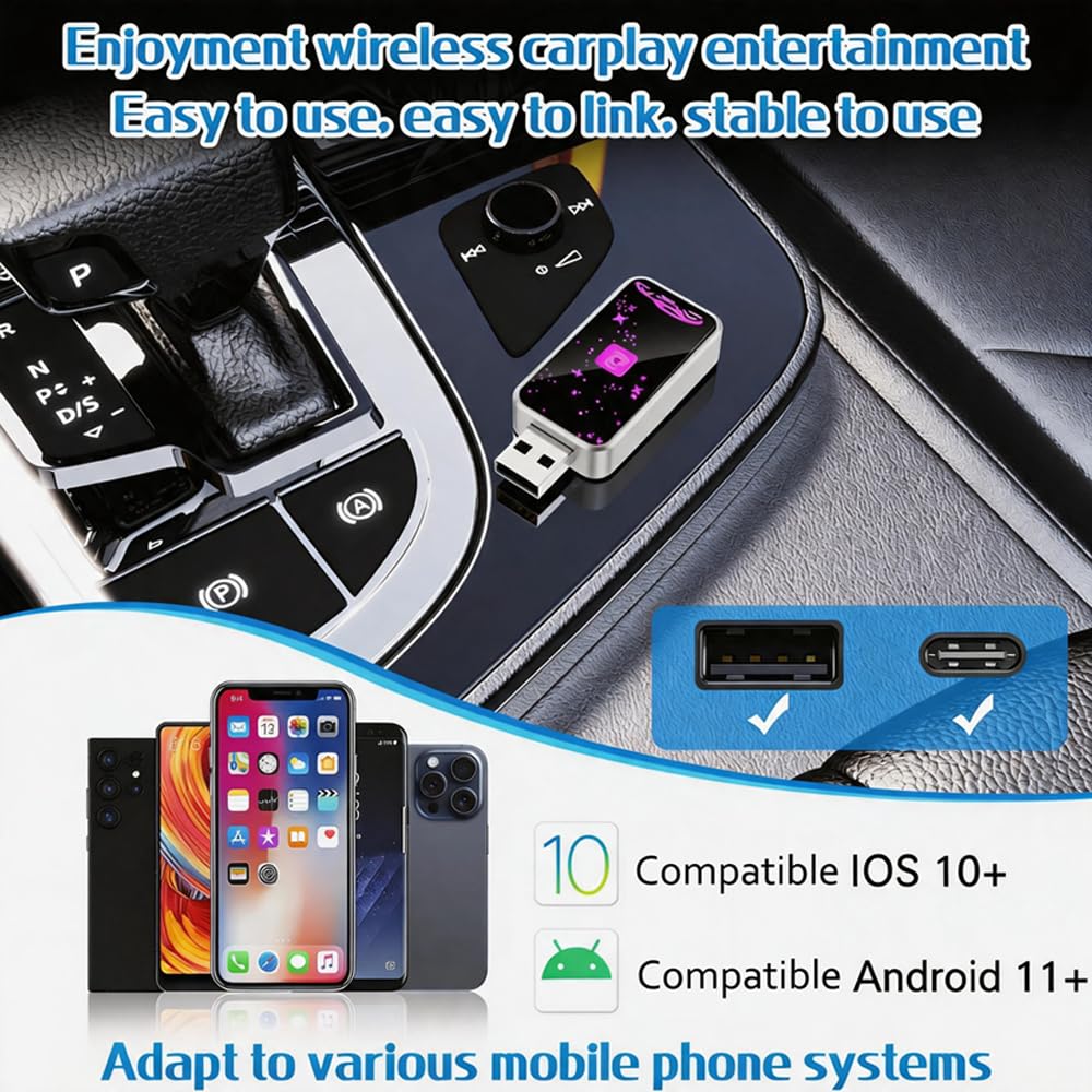 Mini Wireless Carplay Adapter for Apple for iPhone, 2026 Upgraded Convert Wired to Wireless Car Play Adapter,Fast Auto-Connect & No Latency