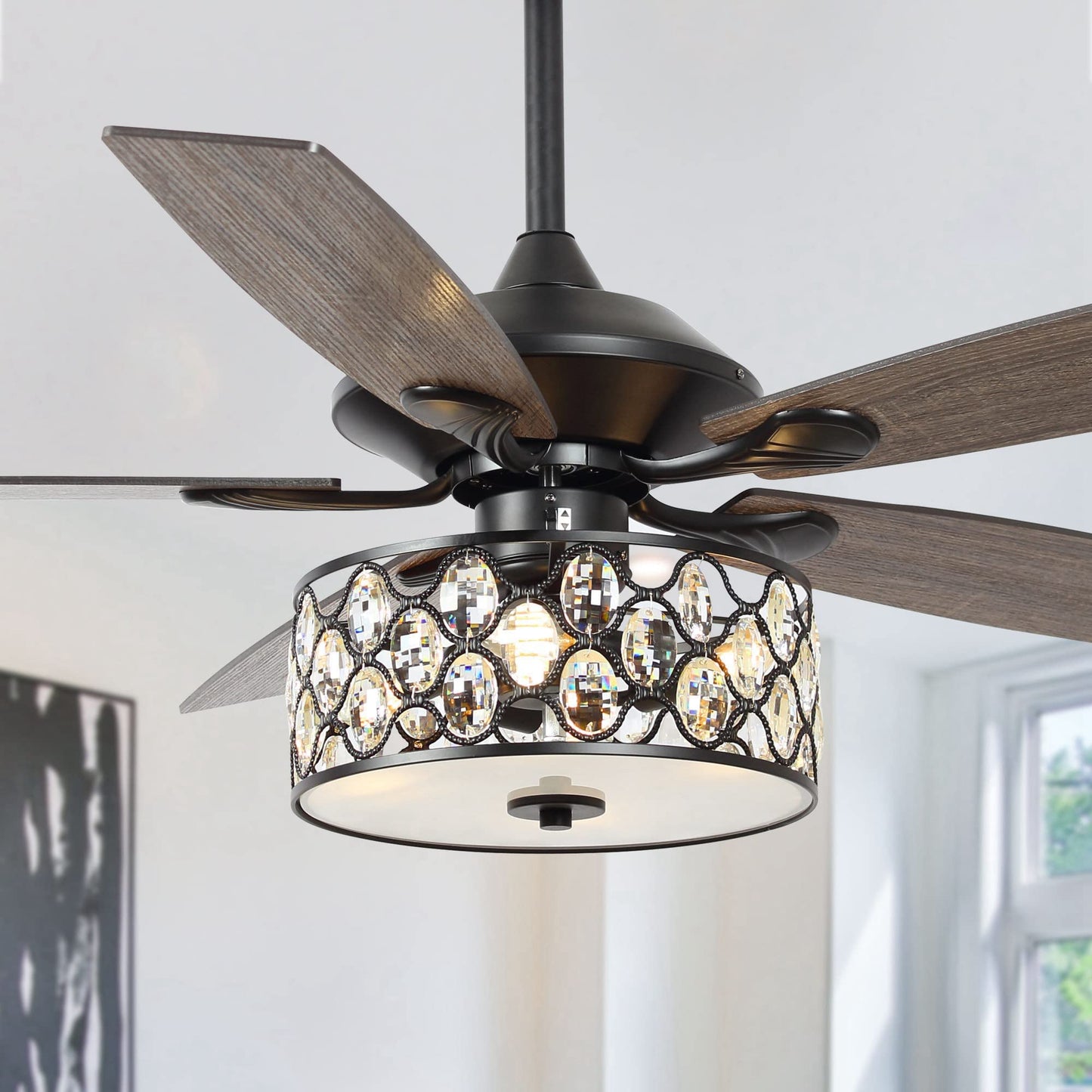 Vaczon 52 Inch Ceiling Fan with Light & Remote - Farmhouse Caged Fandelier, Crystal Ceiling Fan with 6 Speeds,Reversible Motor