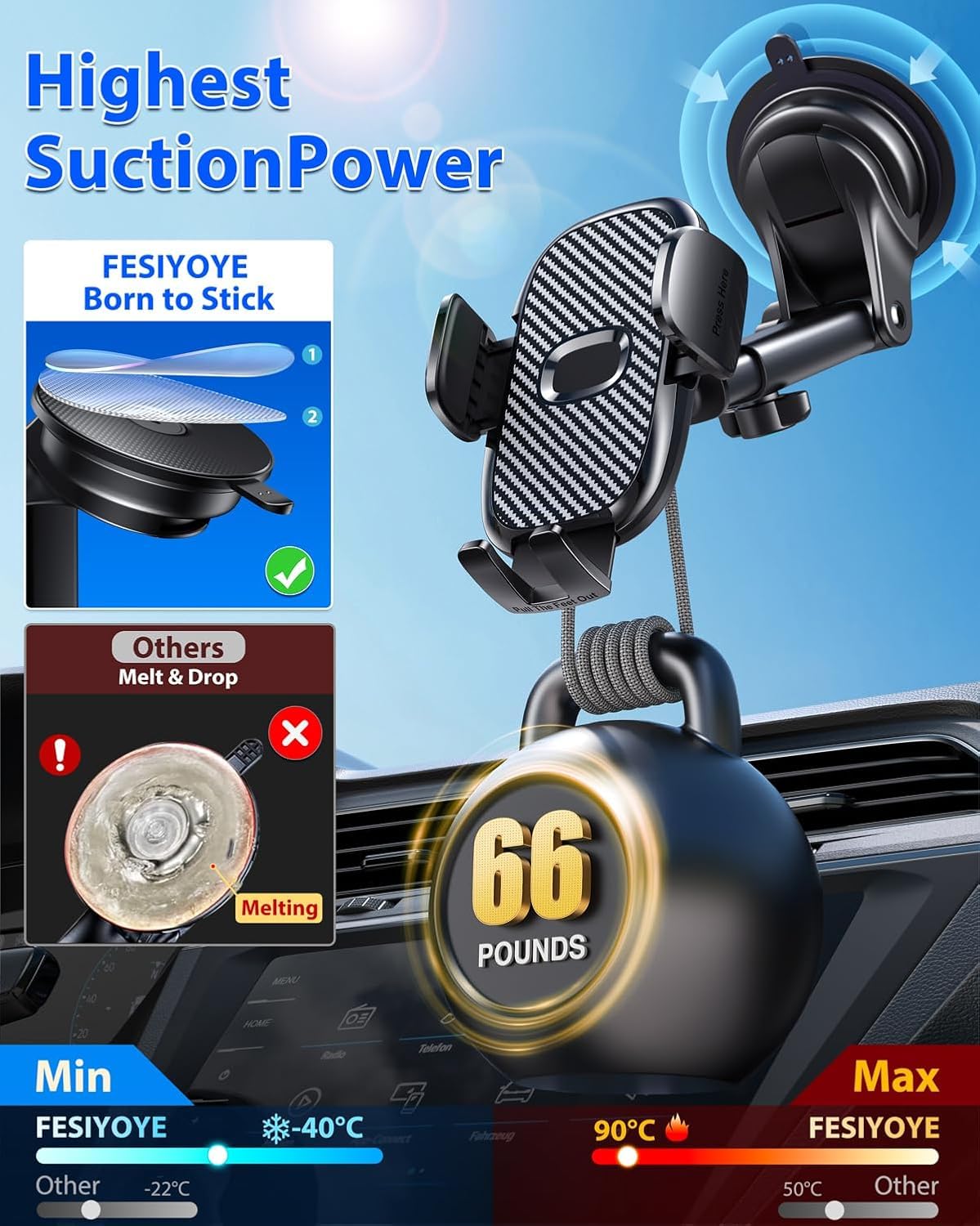 FESIYOYE Car Phone Holder[Military-Grade 360°Suction Cup] Phone Holders for Your Car Universal Accessories Air Vent Dashboard Windshield Phone Mount