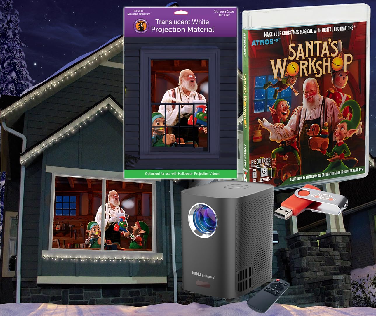 Christmas Digital Decoration Kit Includes AtmosFX Santa's Workshop with 5 Video Effects for Christmas Plus HD Super Bright Projector and 48” x 72”