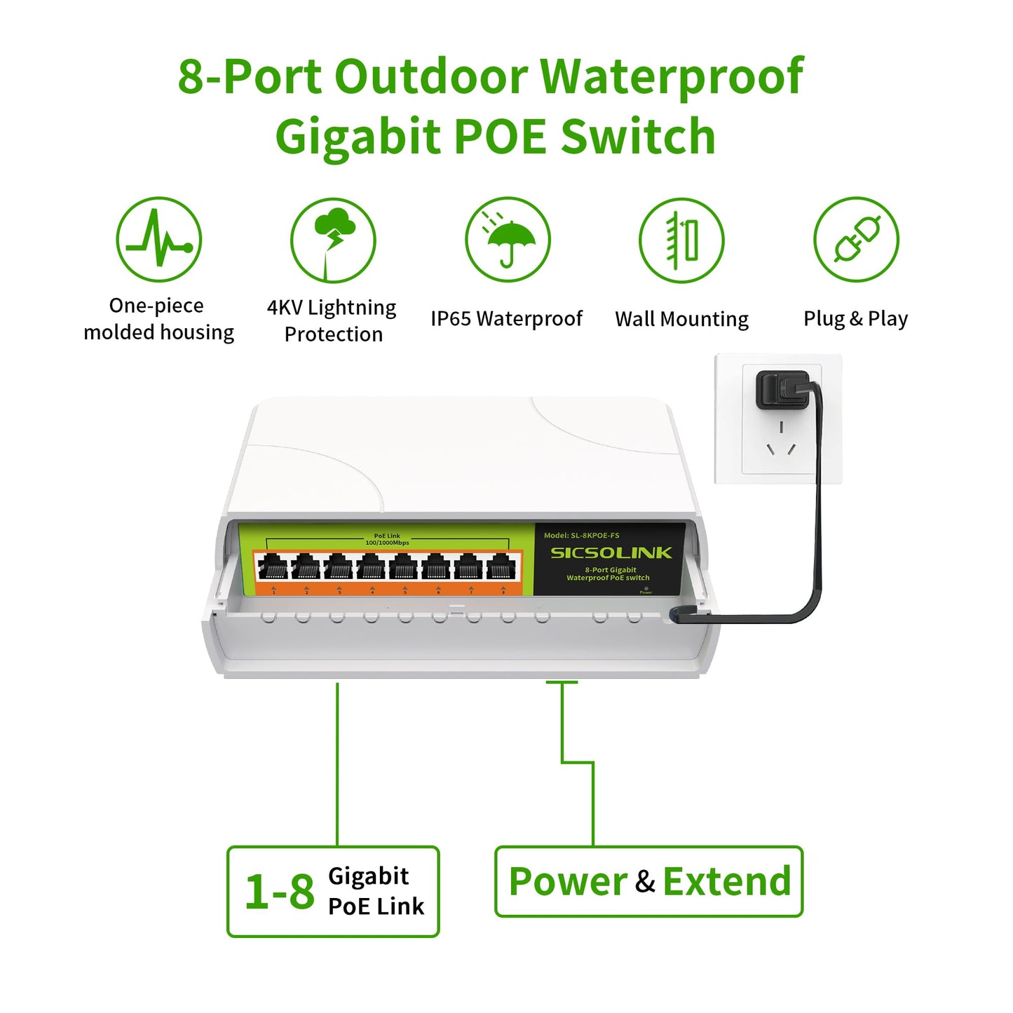 Gigabit POE Switch Waterproof 8 Port,Power Over Ethernet Total 120w, 1000Mbps, Compliant with IEEE802.3af/at, Outdoor POE+ Network Switch Plug & Play