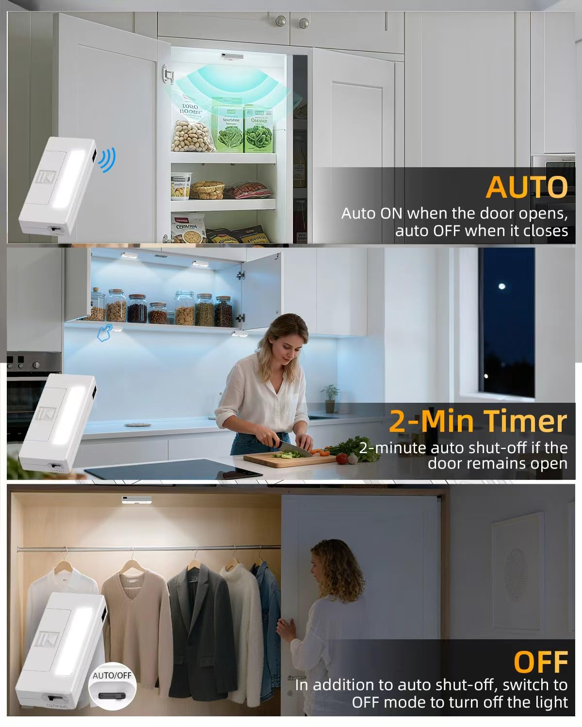 Amagle 6 Pack Door Open Sensor Cabinet Lights, Cordless LED Cabinet Closet Light, Battery Operated Cupboard Drawer Light Door Activated Stick on Puck