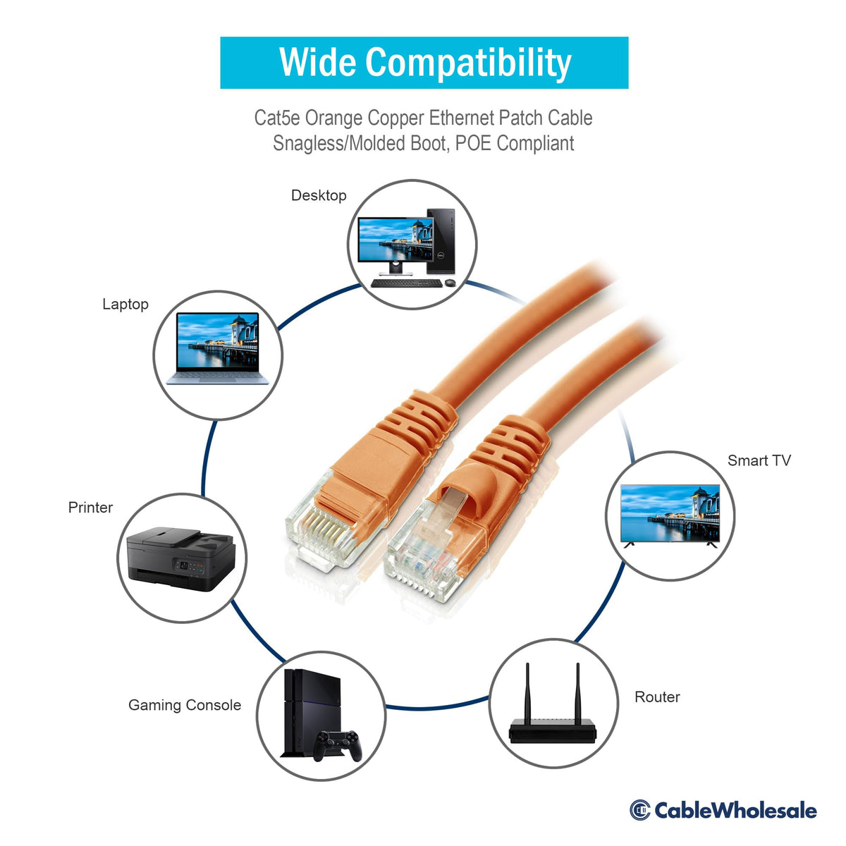 CableWholesale Cat5e UTP Ethernet Cable, Snagless Boot, PoE, 50 ft, Orange