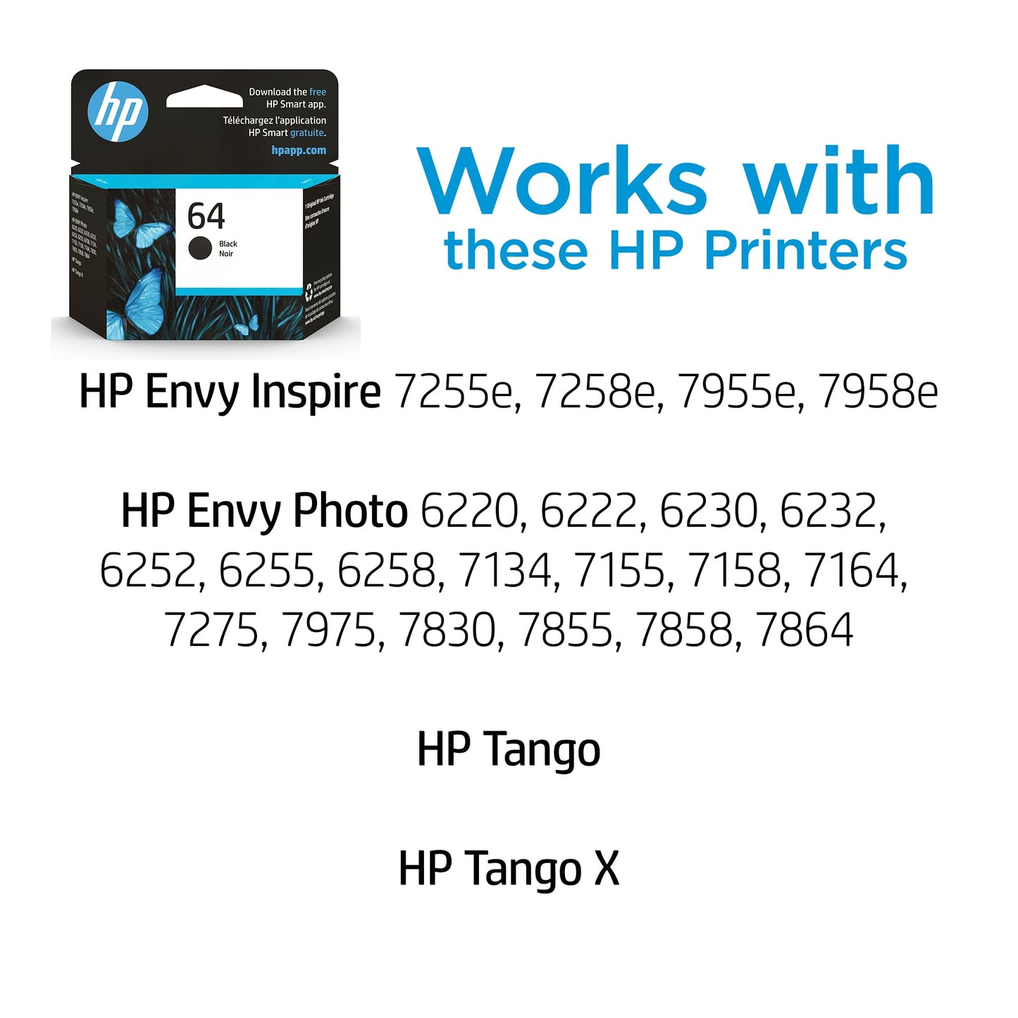 HP 64 Black Ink Cartridge | Works with Envy Inspire 7250e, 7950e, Envy Photo 6200, 7100, 7200, 7800, 7900, Tango Series | Eligible for Instant Ink |