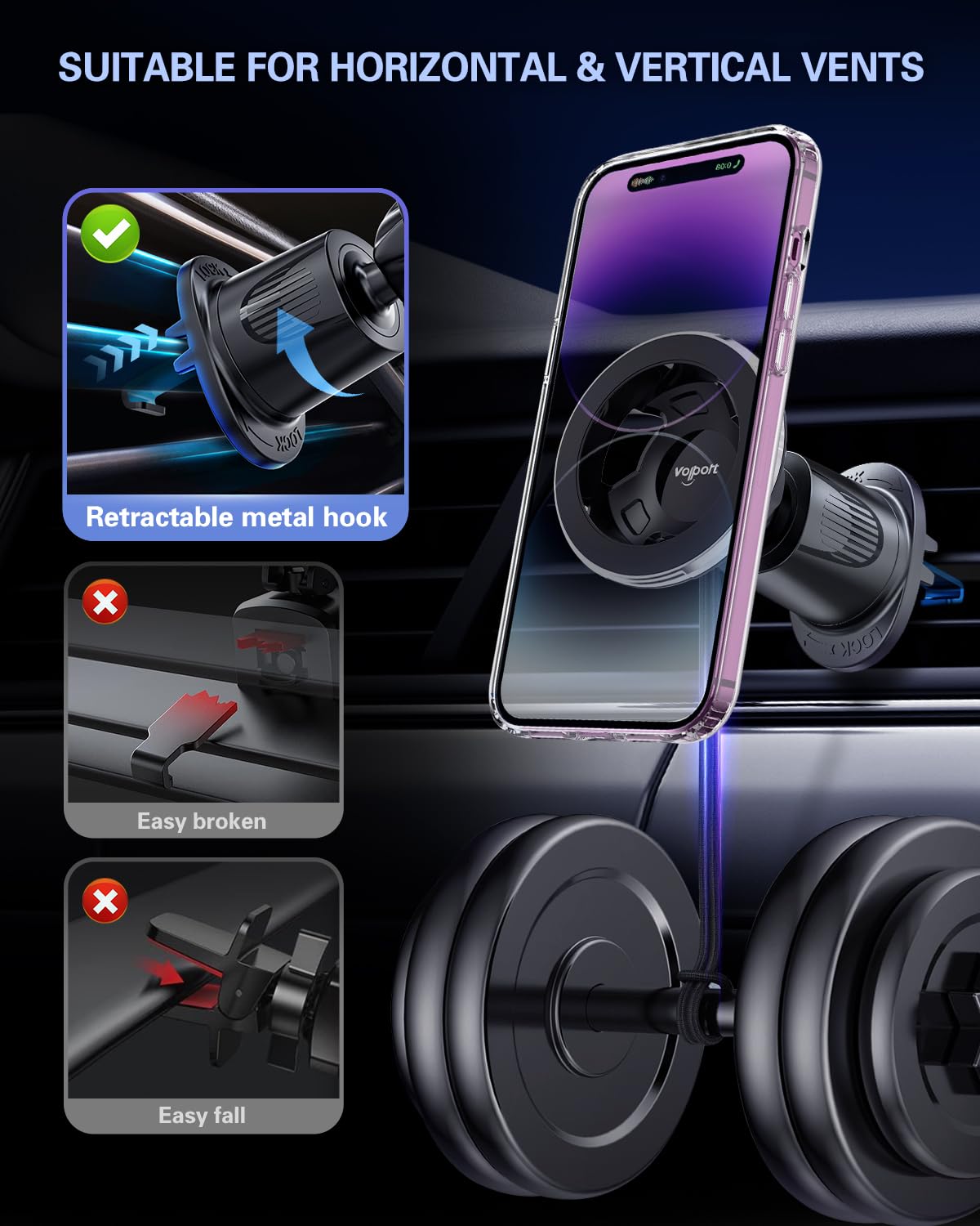 for Magsafe Vent Mount [Horizontal/Vertical]: Ultra Strong Magnetic Car Phone Holder, Circle Magnet Air Vent Stand for Mag Safe Phone Grip, iPhone 16