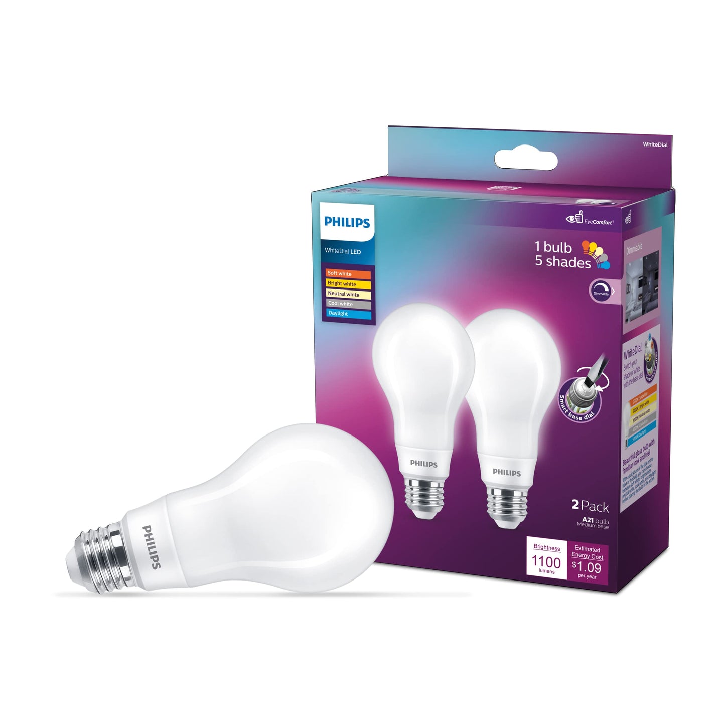 PHILIPS LED 75W A21 2-Pack WhiteDial Multi-CCT (5000K) 1100 Lumen (9W = 75W) Dimmable Clear Flicker-Free Light Bulbs