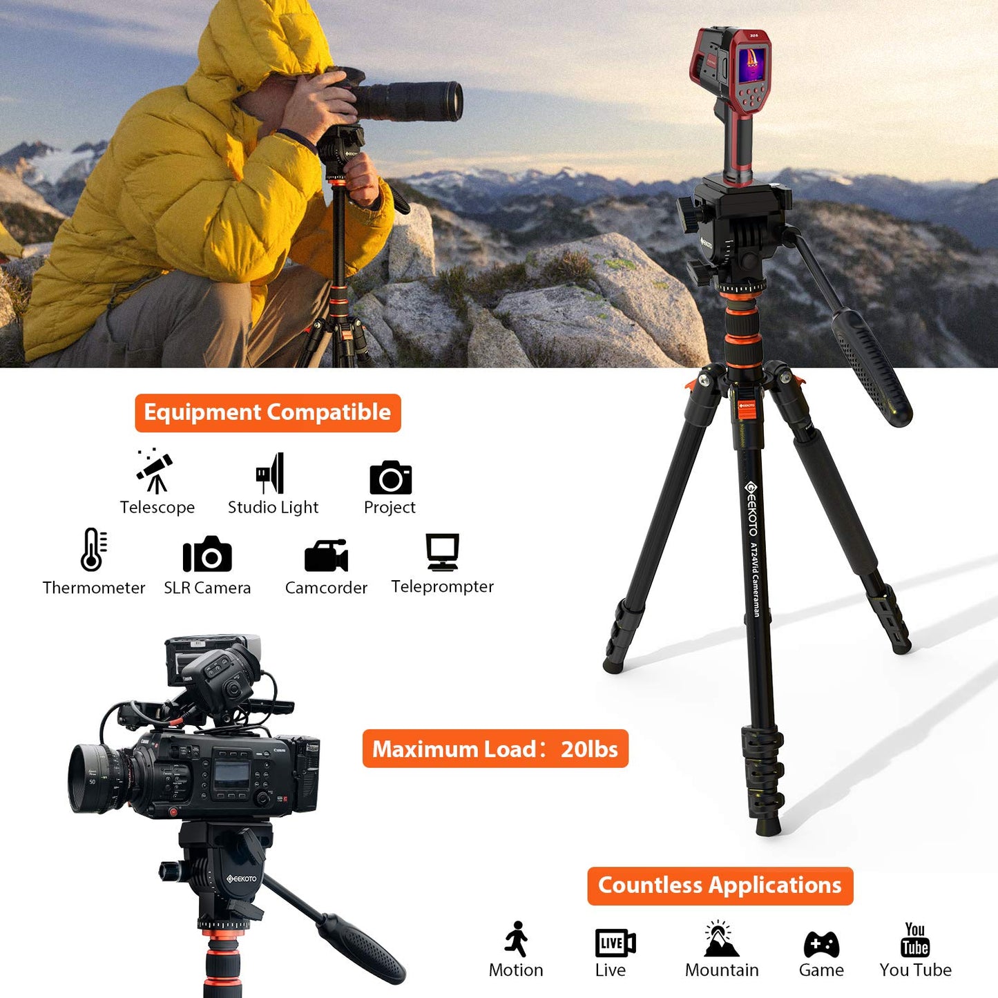 GEEKOTO Video Tripod Fluid Head,Professional Camera Tripod for DSLR,Monopod Aluminum 77" for Video Camcorder Canon Nikon Sony with 1/4" Screws Fluid
