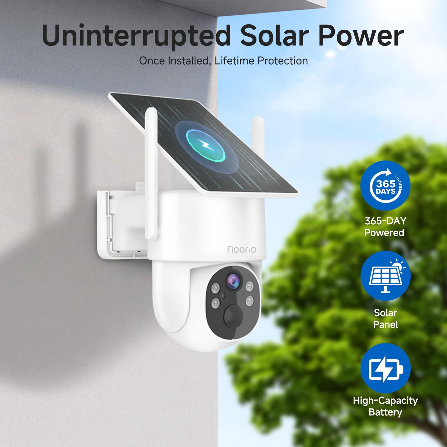 Noorio Solar Security Camera Wireless Outdoor, 2K Cameras for Home Security, 4MP 360° Camera with Dual Band WiFi 2.4/5G, AI Human Detection, Color