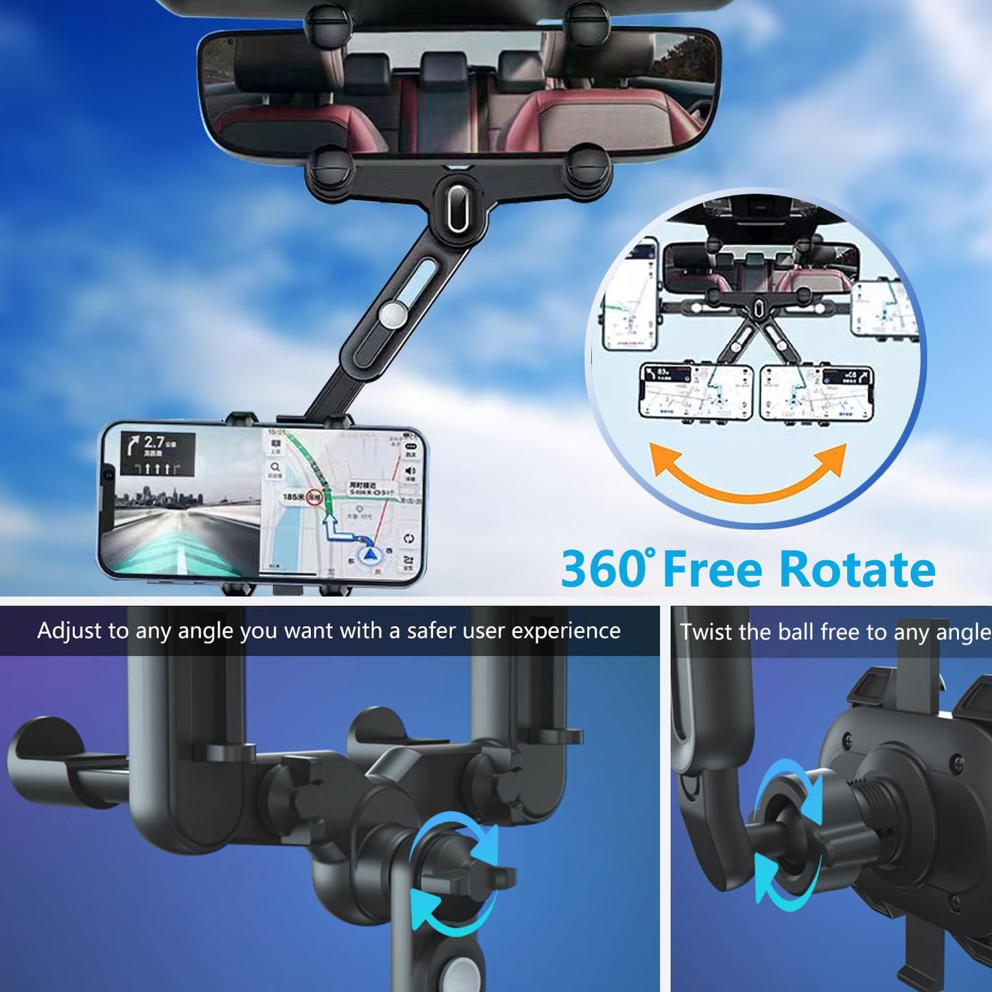 PKYAA Rearview Mirror Phone Holder for Car, 360° Rotating Rear View Mount with Adjustable Arm Length, Upgraded Four Corners Fixed Anti-Shake