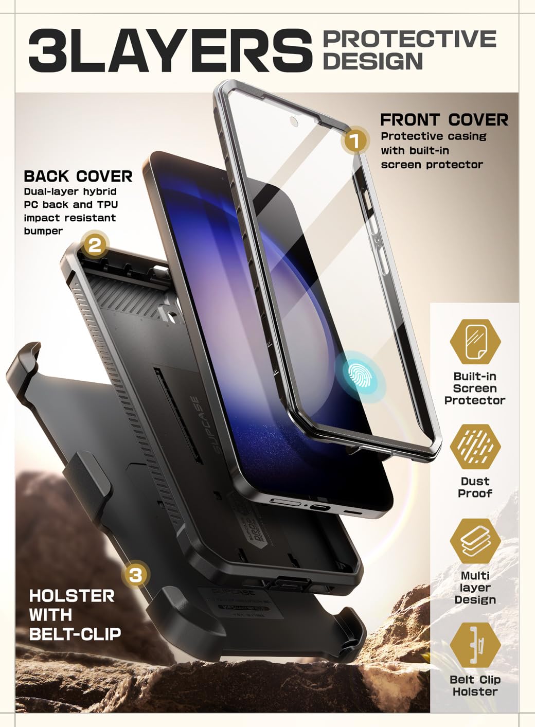 SUPCASE for Samsung Galaxy S24 Plus Case with Stand [2 Front Frames] [Built-in Screen Protector & Belt-Clip] [Military-Grade Protection] Heavy Duty