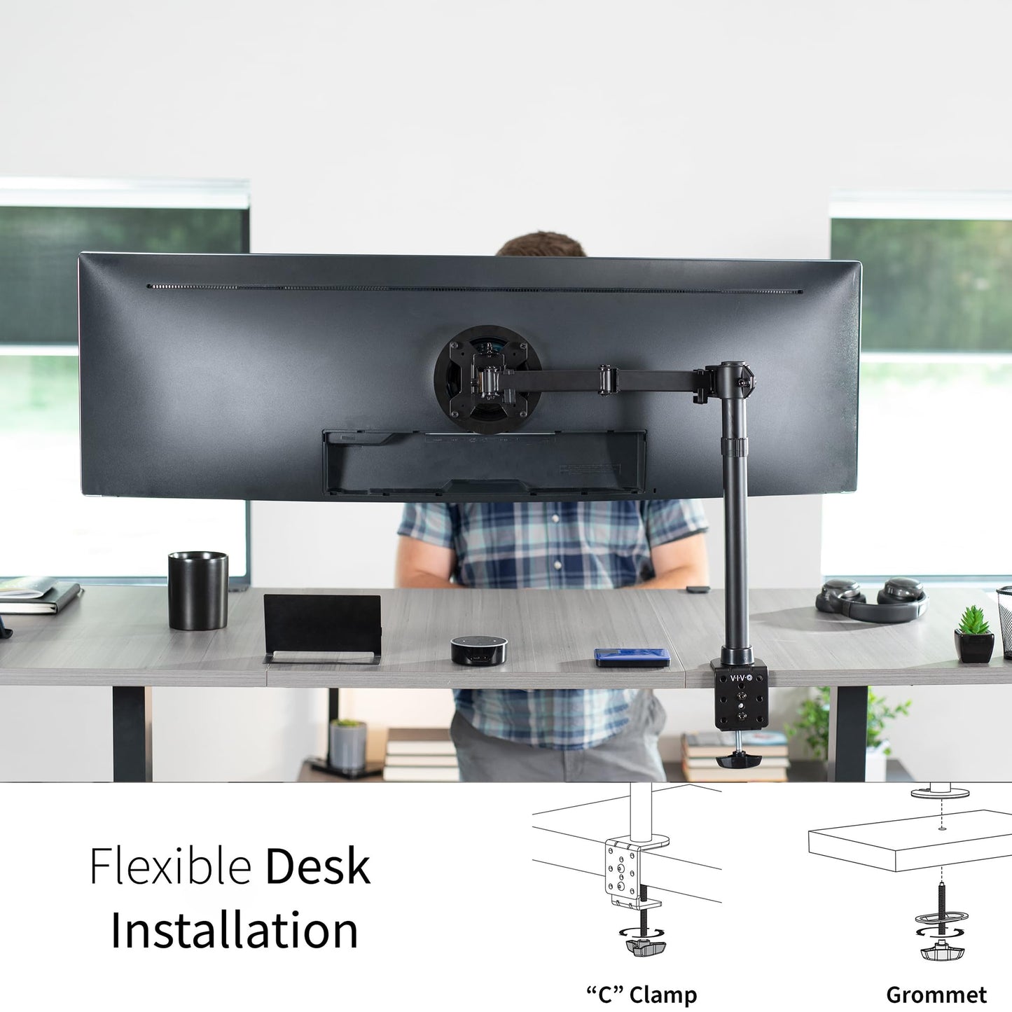 VIVO Single Large Monitor Arm Desk Mount, Holds Screens up to 45 inch Ultrawide, Fully Adjustable Stand with C-Clamp and Grommet Base, VESA 75x75mm or
