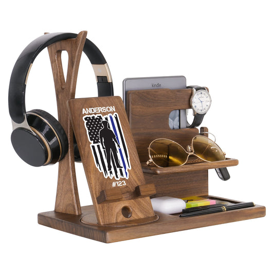 Personalized Desk Organizer for Police - Colorful Handmade Accessories Organizer with Rotating Phone Stand, Headphone Stand, Watch Holder - Unique