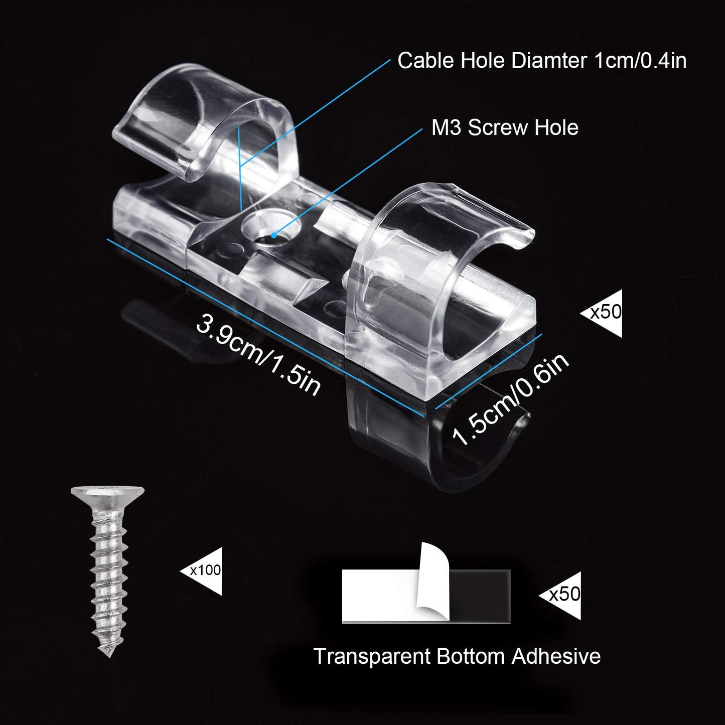 50 Pcs Heavy Duty Cable Clips Transparent with 100 Screws, Attom Tech Clear Self-Adhesive Cable Organizer Cord Management System, Clear Desktop Cable