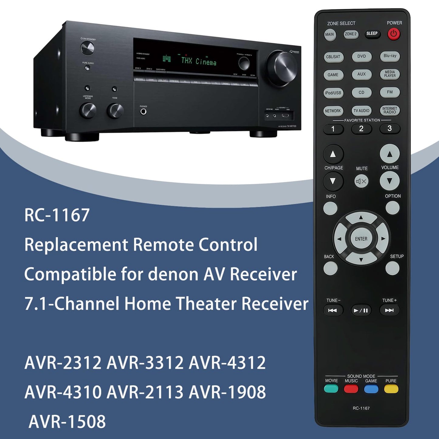 Replacement Remote Control RC-1167 Compatible for denon AV Receiver 7.1-Channel Home Theater Receiver AVR-2312 AVR-3312 AVR-4312 AVR-4310 AVR-2113