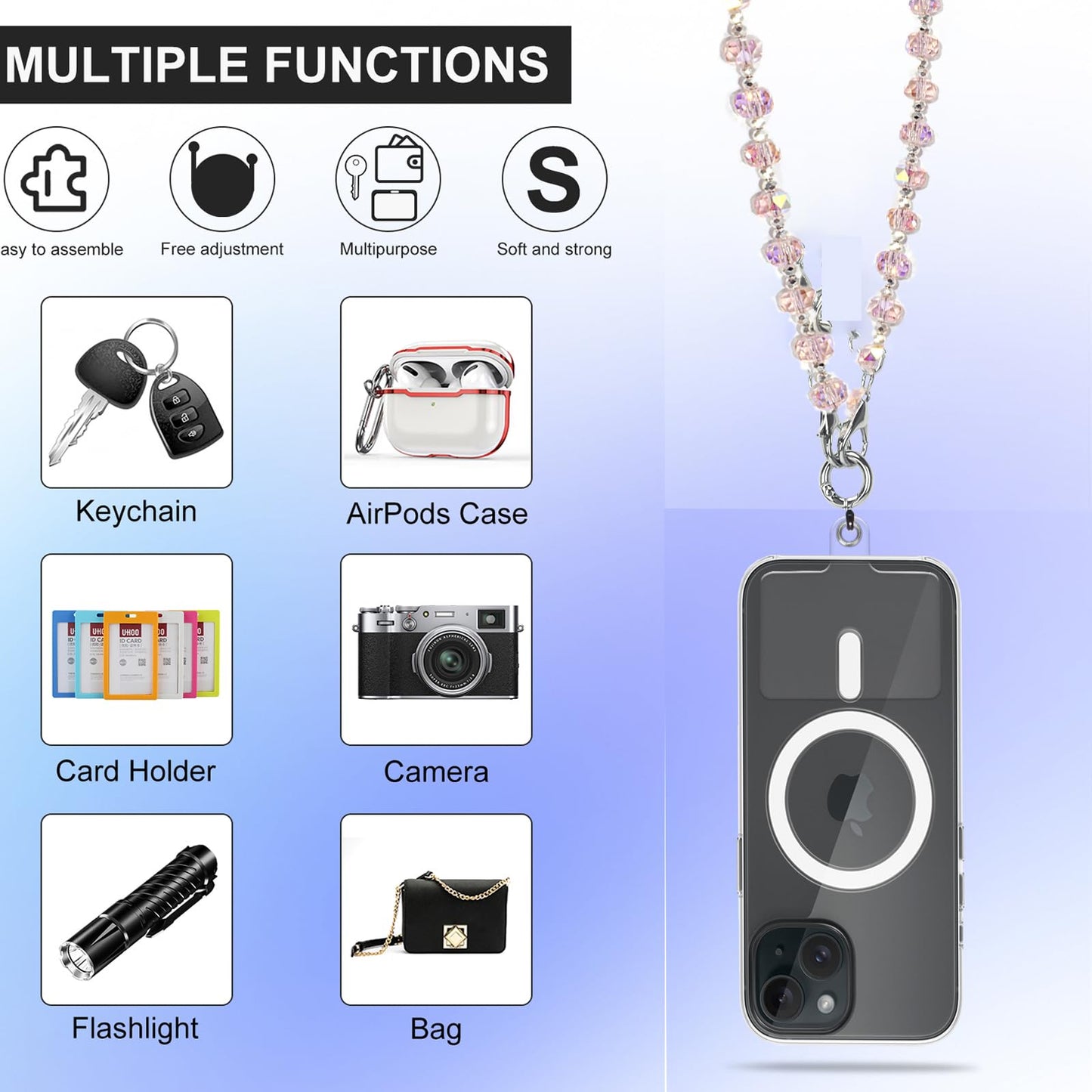AOPNN High-end crystal lanyard Beaded Cellphone Lanyard Universal Suitable for most mobile phones and bags Keys, ID and Badges (Crystal purple black)