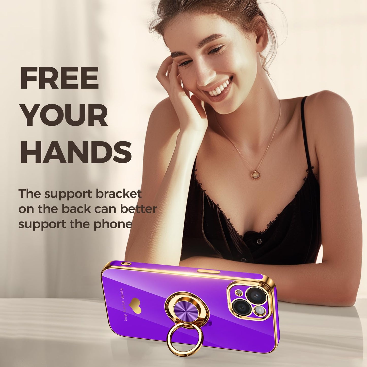 Nonional Compatible for iPhone 13 Case with 2 Pack Screen Protector, 360° Rotatable Ring Holder [Luxury Hearts Pattern] Plating Gold Edge Slim Soft
