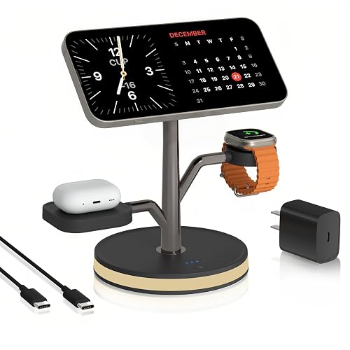 3 in 1 Wireless Charging Station for Apple Device,Fast Charging Tree-Shaped Stand with Night Light,Qi-Certified Charger for iPhone 12-17 Series,Apple