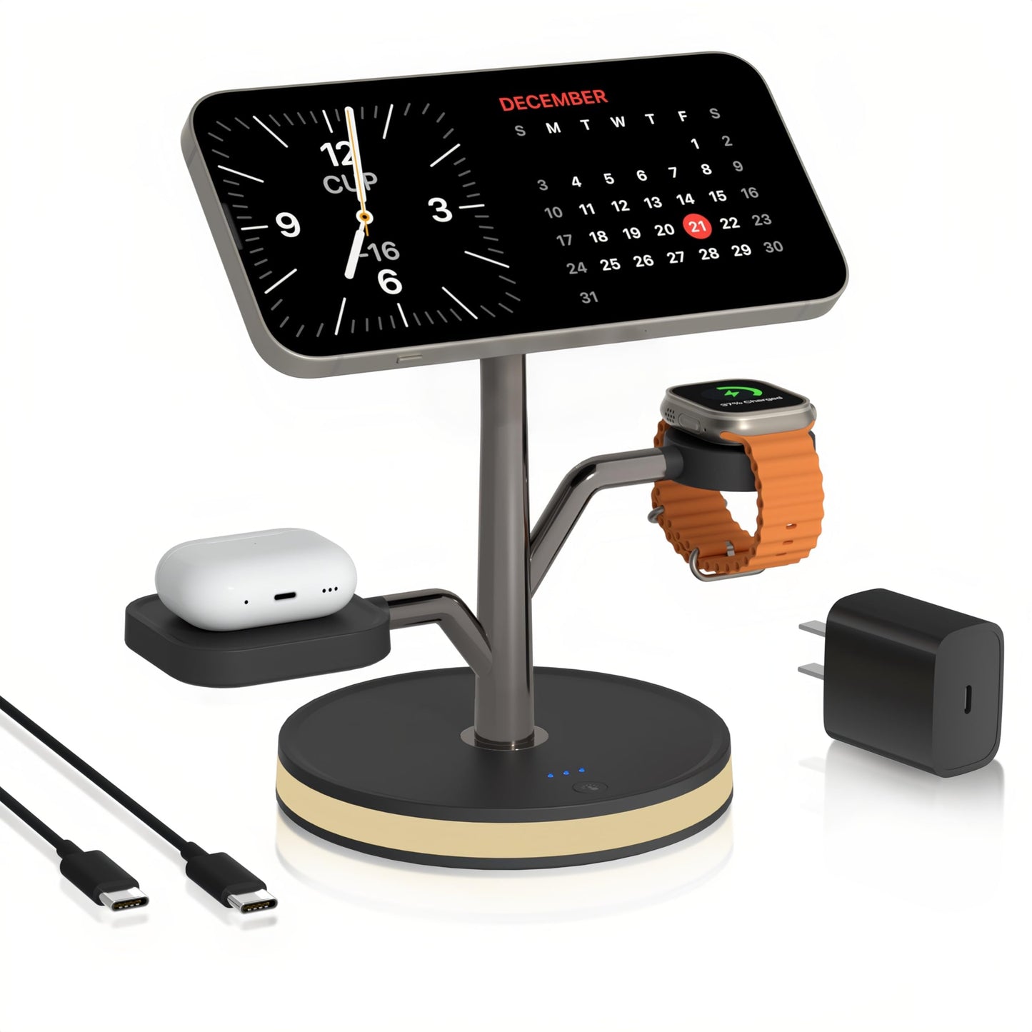 3 in 1 Wireless Charging Station for Apple Device,Fast Charging Tree-Shaped Stand with Night Light,Qi-Certified Charger for iPhone 12-17 Series,Apple