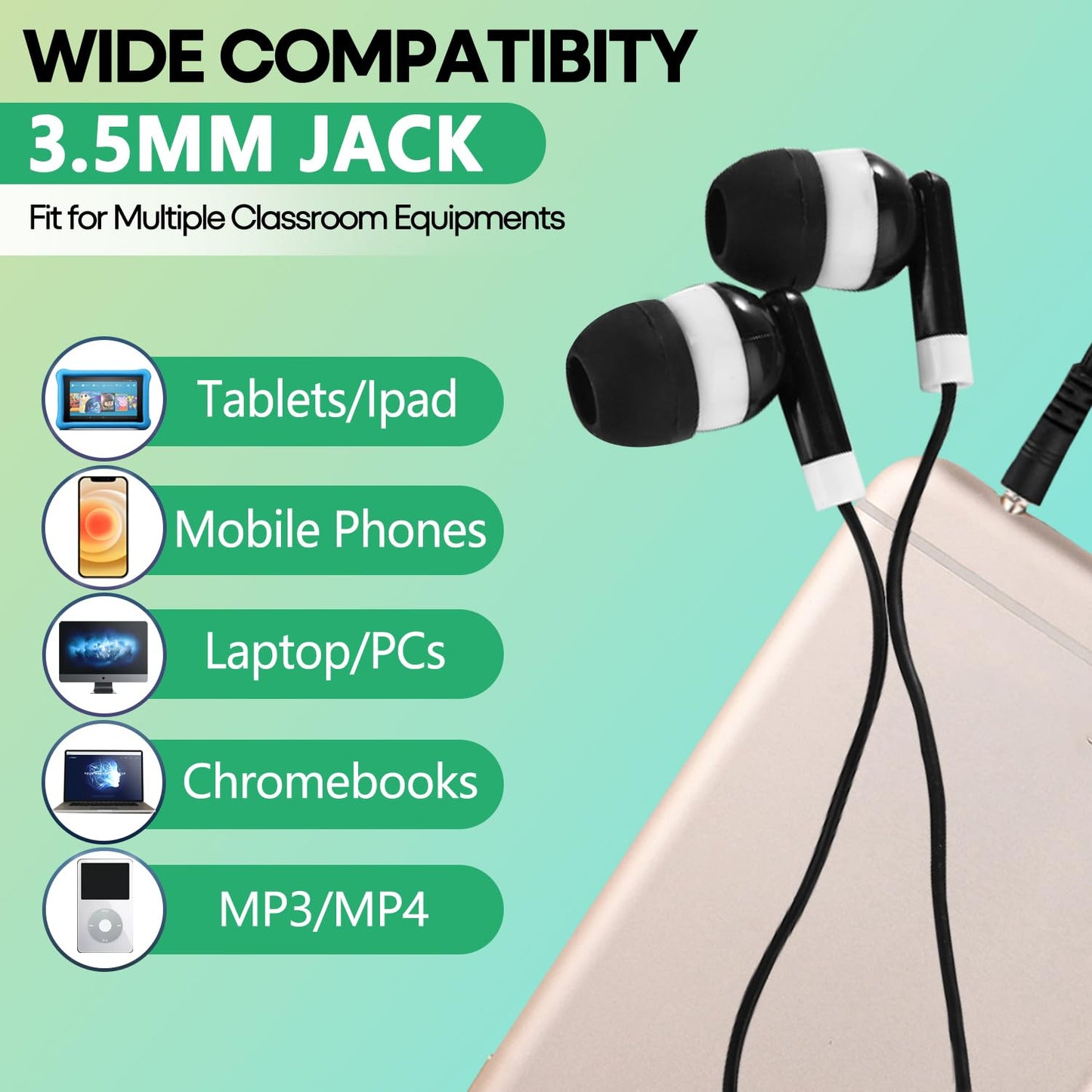 Wensdo 60 Pack Earbud Bulk Kids Headphone for Classroom School, Wholesale Class Room Students Wired Earphones with 3.5 mm Jack for Computers