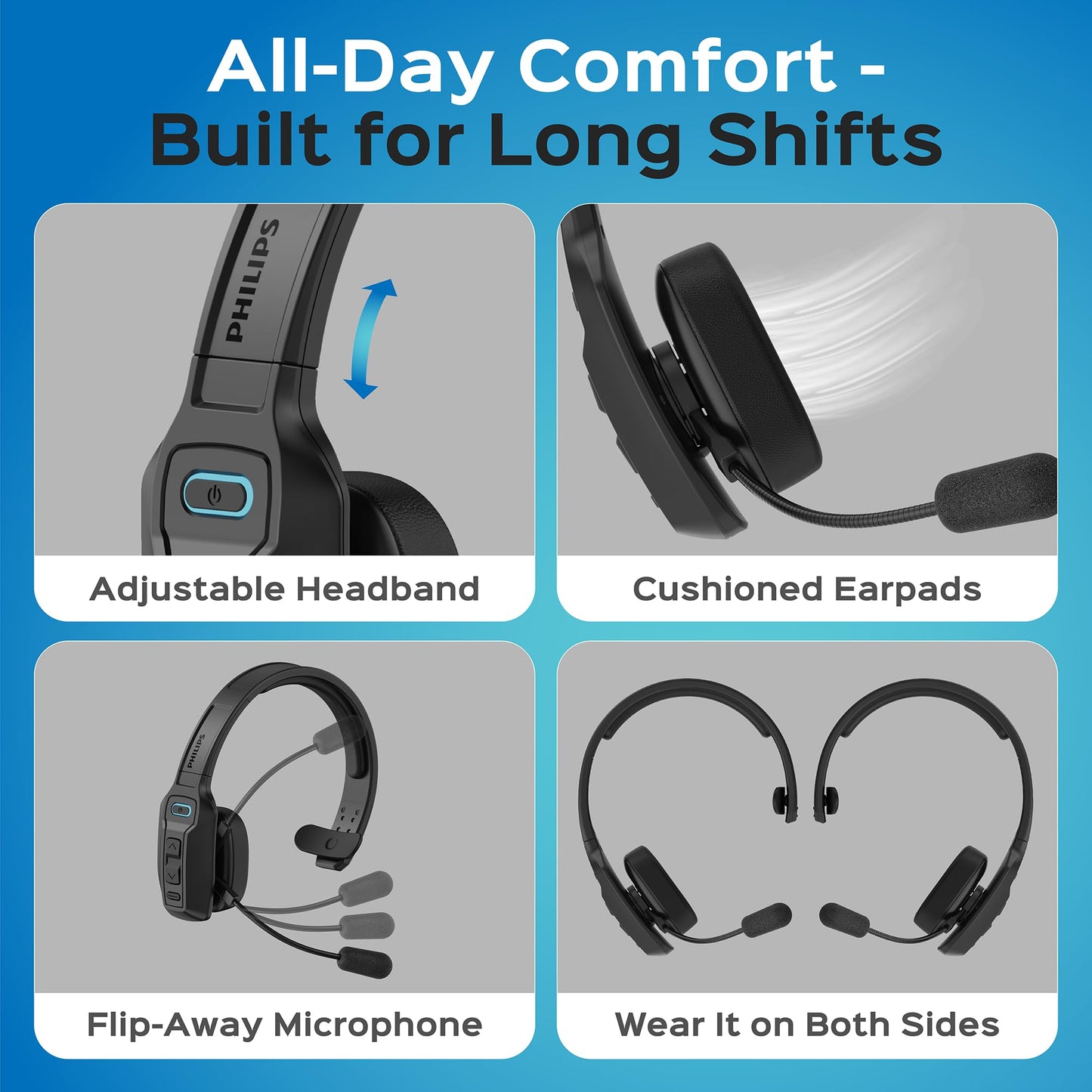 Philips Trucker Bluetooth Headset with Mic, Wireless Trucker Headset with AI Noise-Canceling Microphone & Instant Mute Button, Reliable Long Battery