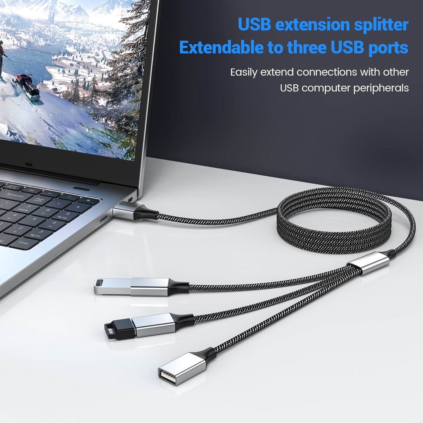 MOGOOD 3 in 1 USB Splitter Cable 1m, 1 Male to 3 Female USB2.0 Adapter, USB Extension Cable for Charging/Data Transfer/Laptop/Mac