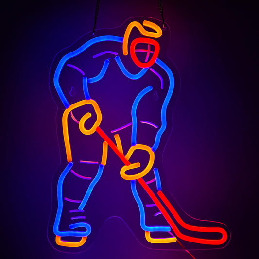 Hockey Player Neon Sign in Blue & Gold - Dimmable LED Wall Decor for Man Cave, Sports Bar & Locker Room | The Ultimate Gift for Hockey Men, Dad