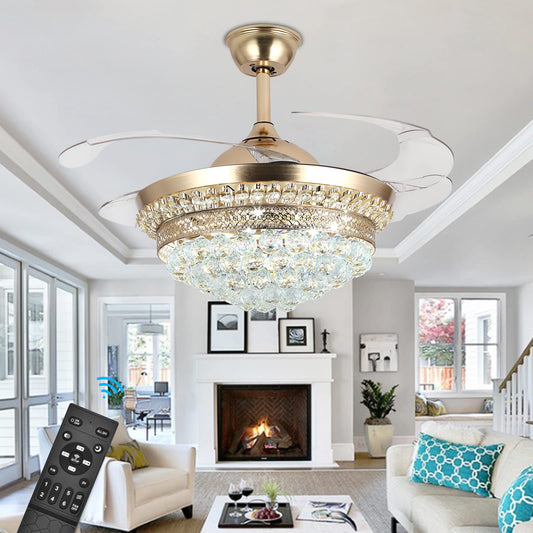 Panghuhu88 42" Invisible Ceiling Fan Chandelier with Light,Modern Crystal Ceiling Fan Light Remote Control 4 Retractable ABS Blades for Bedroom Living