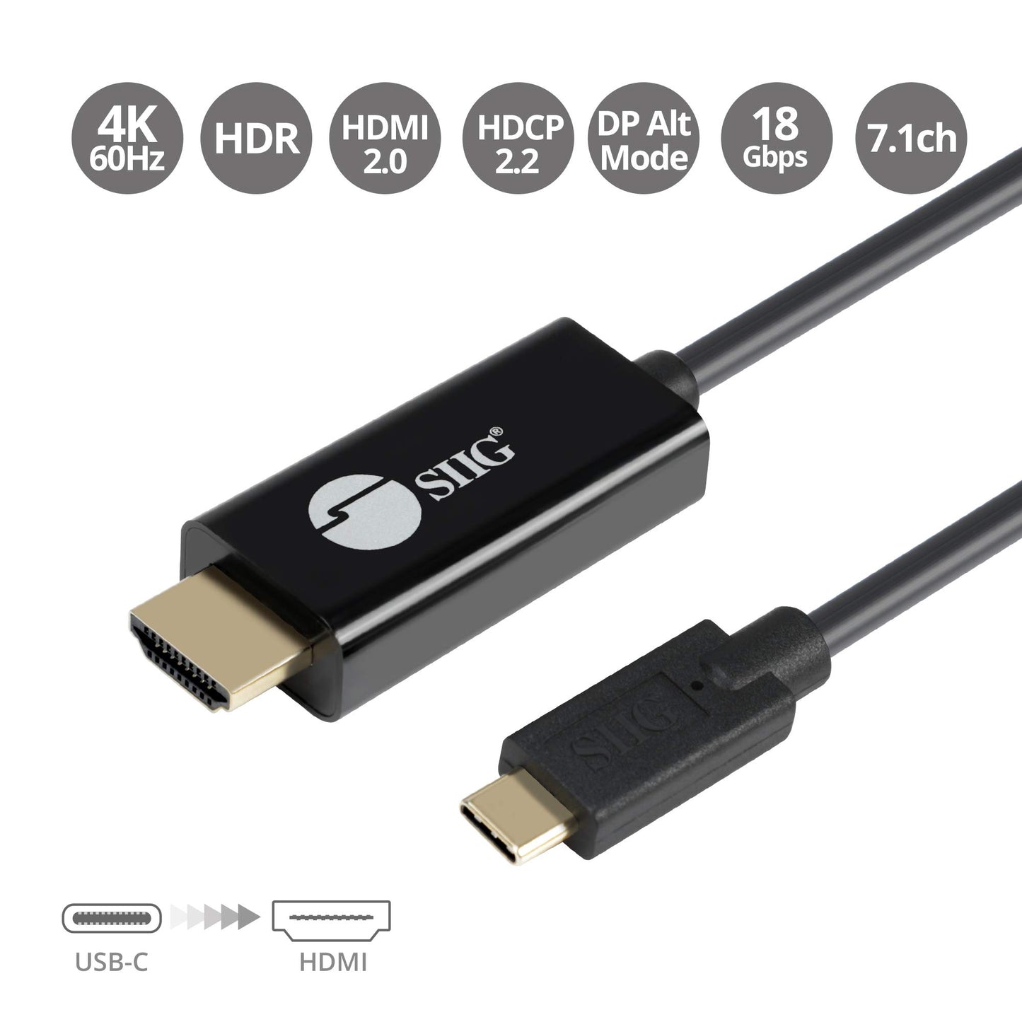 SIIG 6.6ft USB-C to HDMI Active Cable, HDMI 2.0 4K60 HDR, Portable for Windows & Mac laptops or Smartphone & Tablet, USB-C DP Alt Mode Required