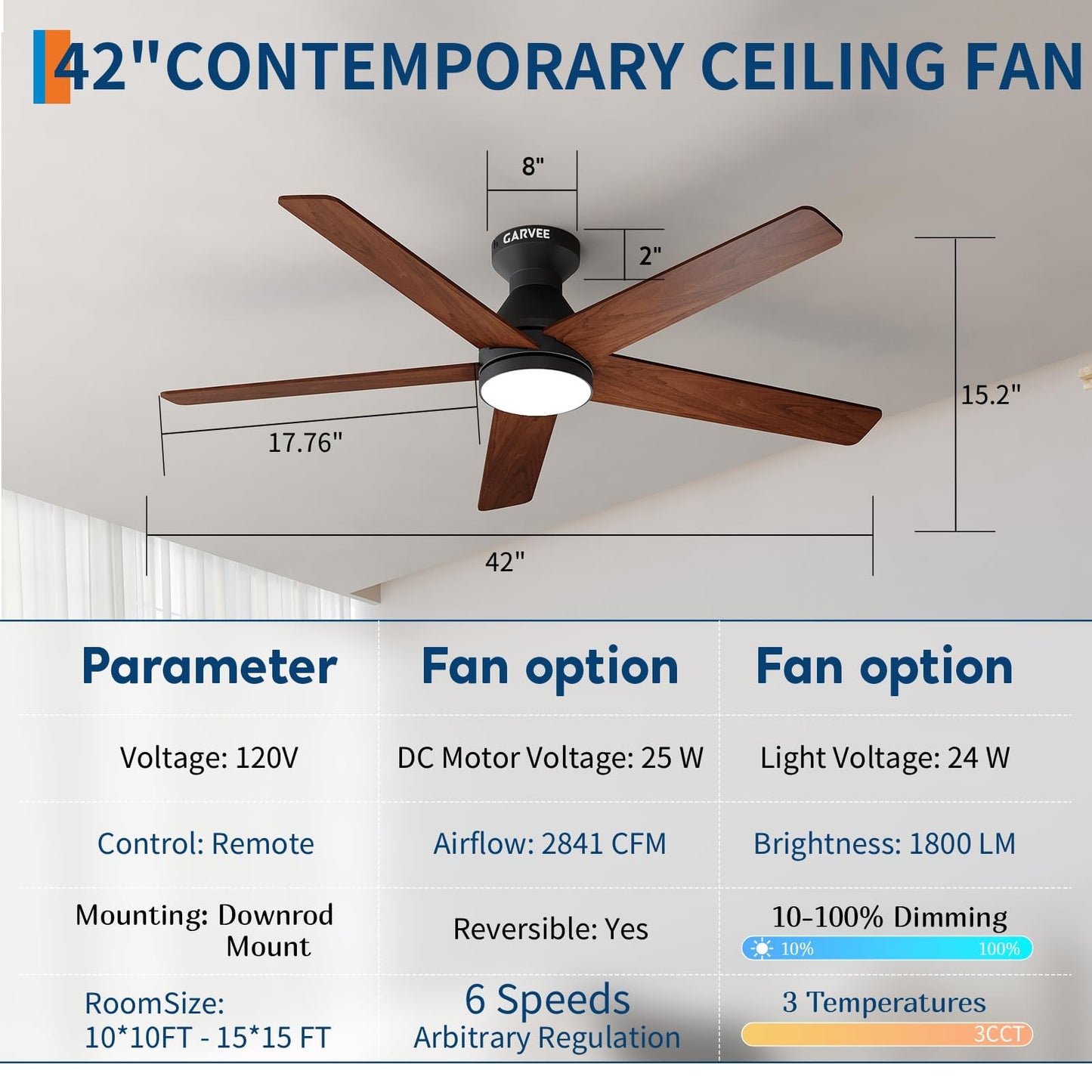 GarveeHome 42 Inch Flush Mount Ceiling Fan with LED Light and Remote
