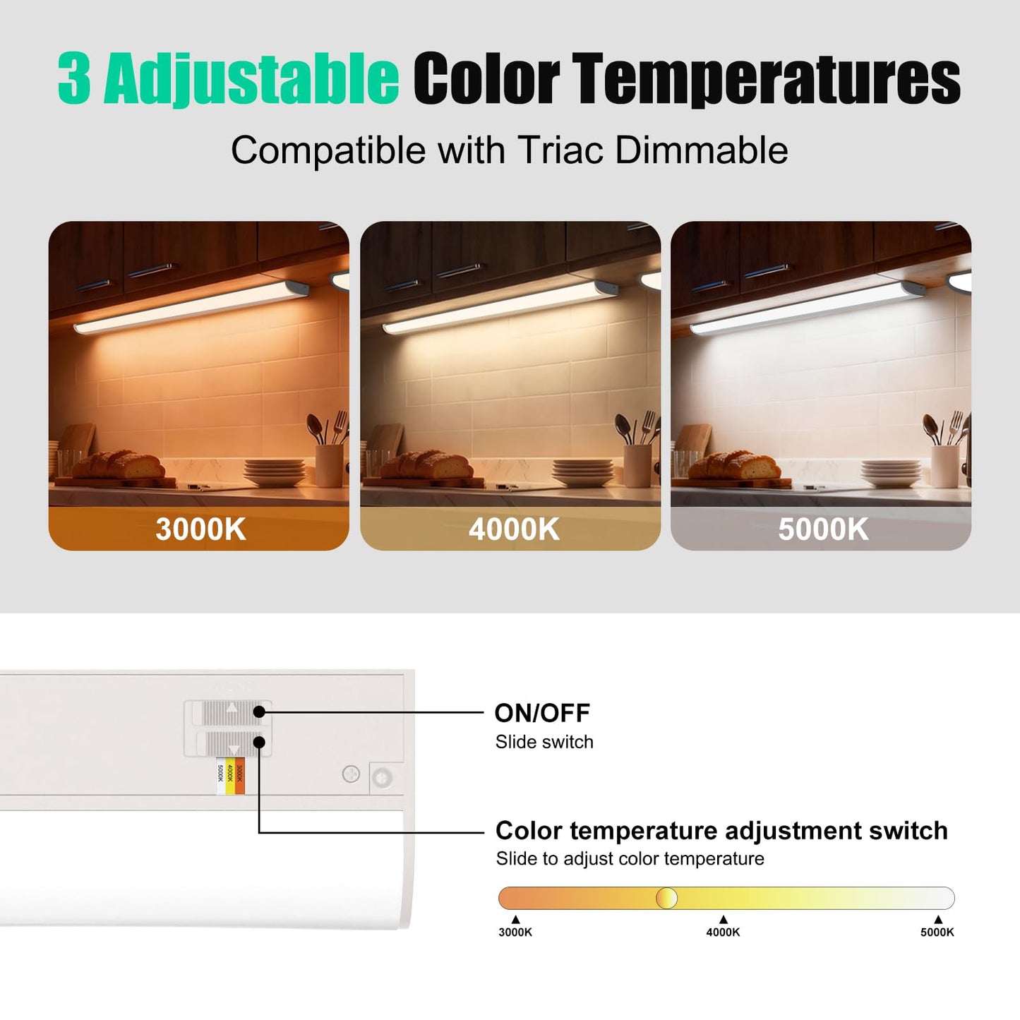 TheDeco 16" LED Under Cabinet Lighting, Plug-in or Hardwired Dual Installation, 3CCT Selectable 3000K/4000K/5000K, Dimmable 110V Kitchen Lights Under