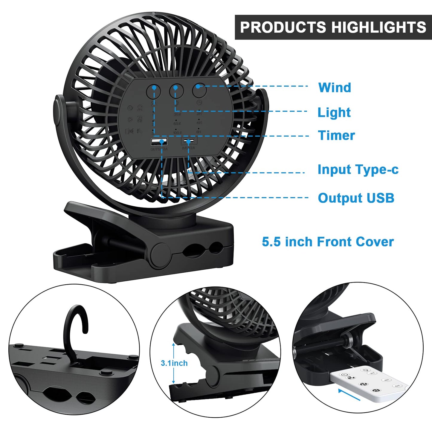 OUTERFAN Portable Fan with Remote Control & Timer & LED Lights, 60hrs 12000mAh USB Rechargeable Battery?Clamp/Hanging/Stand Up, Small Clip on Fan