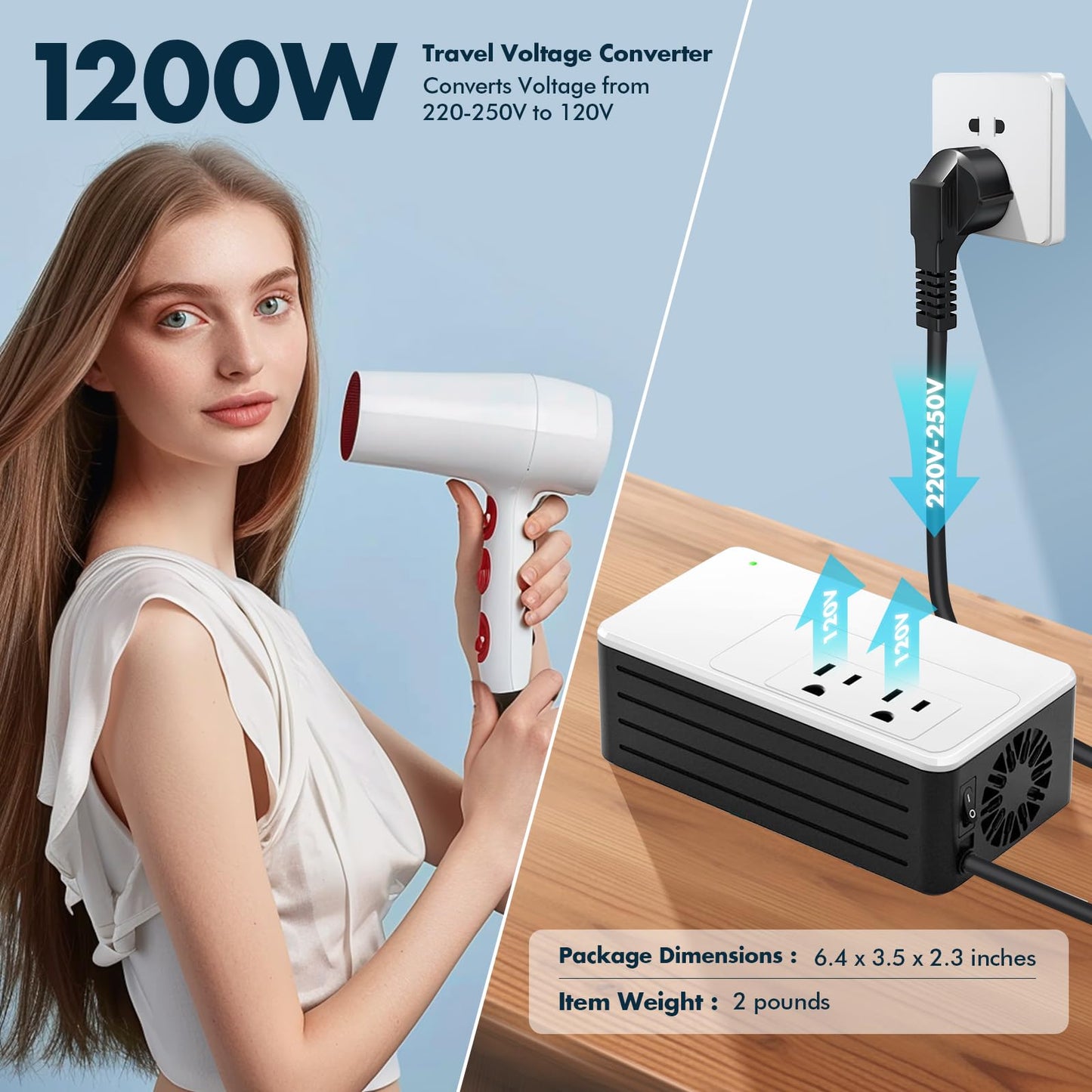 1200W Universal Travel Adapter Converter Step-Down 220V to 110V, 2 lbs Light Weight, Stable Pure Sine Wave, for Hair dryers, straighteners, Curling…