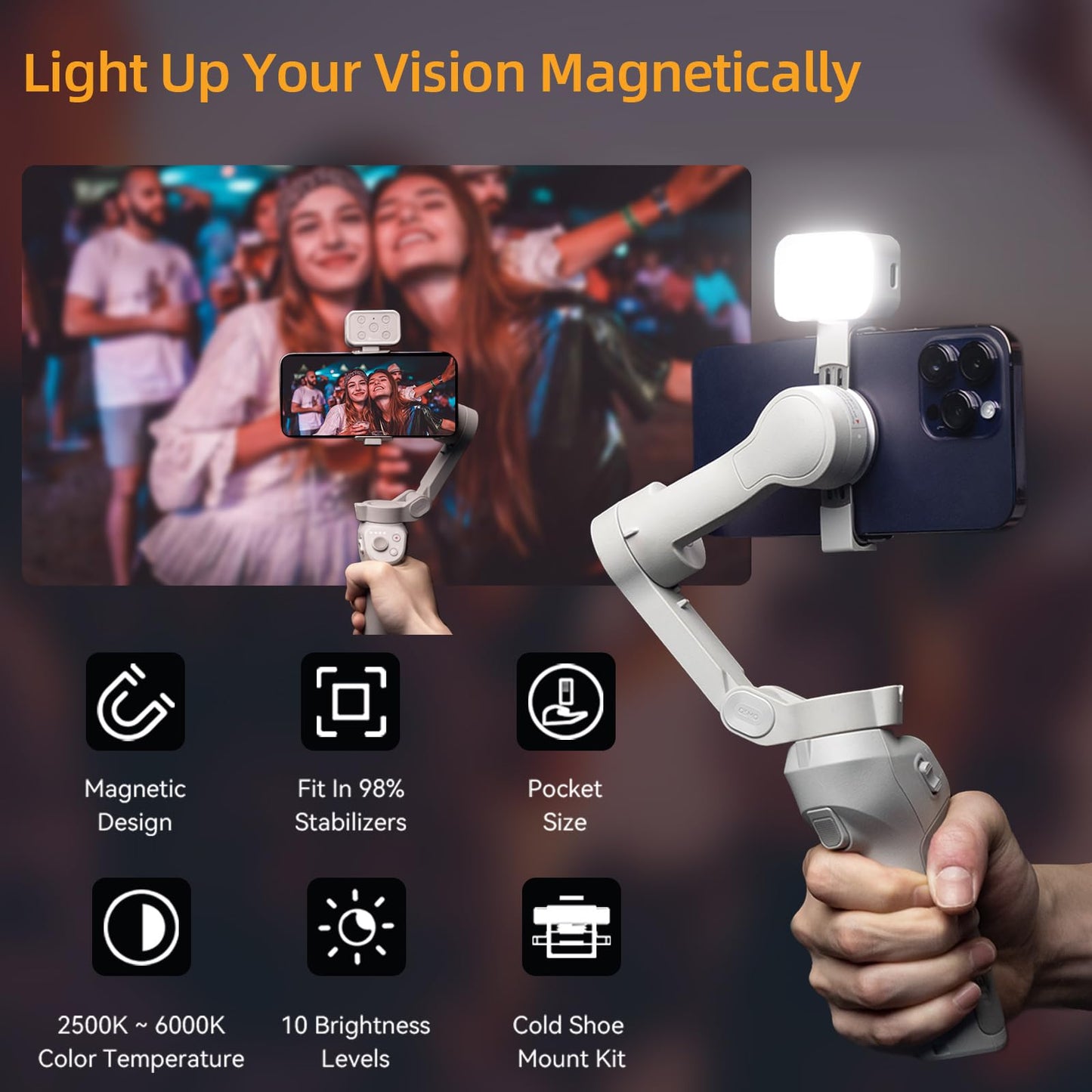 Fotorgear Universal Magnetic Selfie Light for All Smartphones & Gimbals, Slim LED Vlog Fill Light with 3 Color modes, Compatible with iPhone DJI