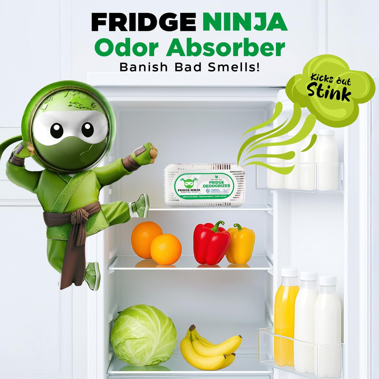 Fridge Ninja Fridge Deodorizer, More Effective Than Baking Soda, 2 Pack