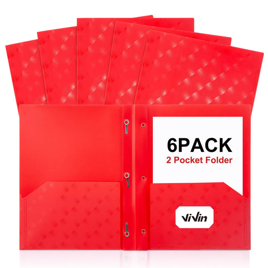 ViVin Plastic Folders with Pockets and Prongs,6 Pack,Heavy Duty 2-Pocket File Folder with 3 Fasteners,Fits Letter Size Paper,for School Home